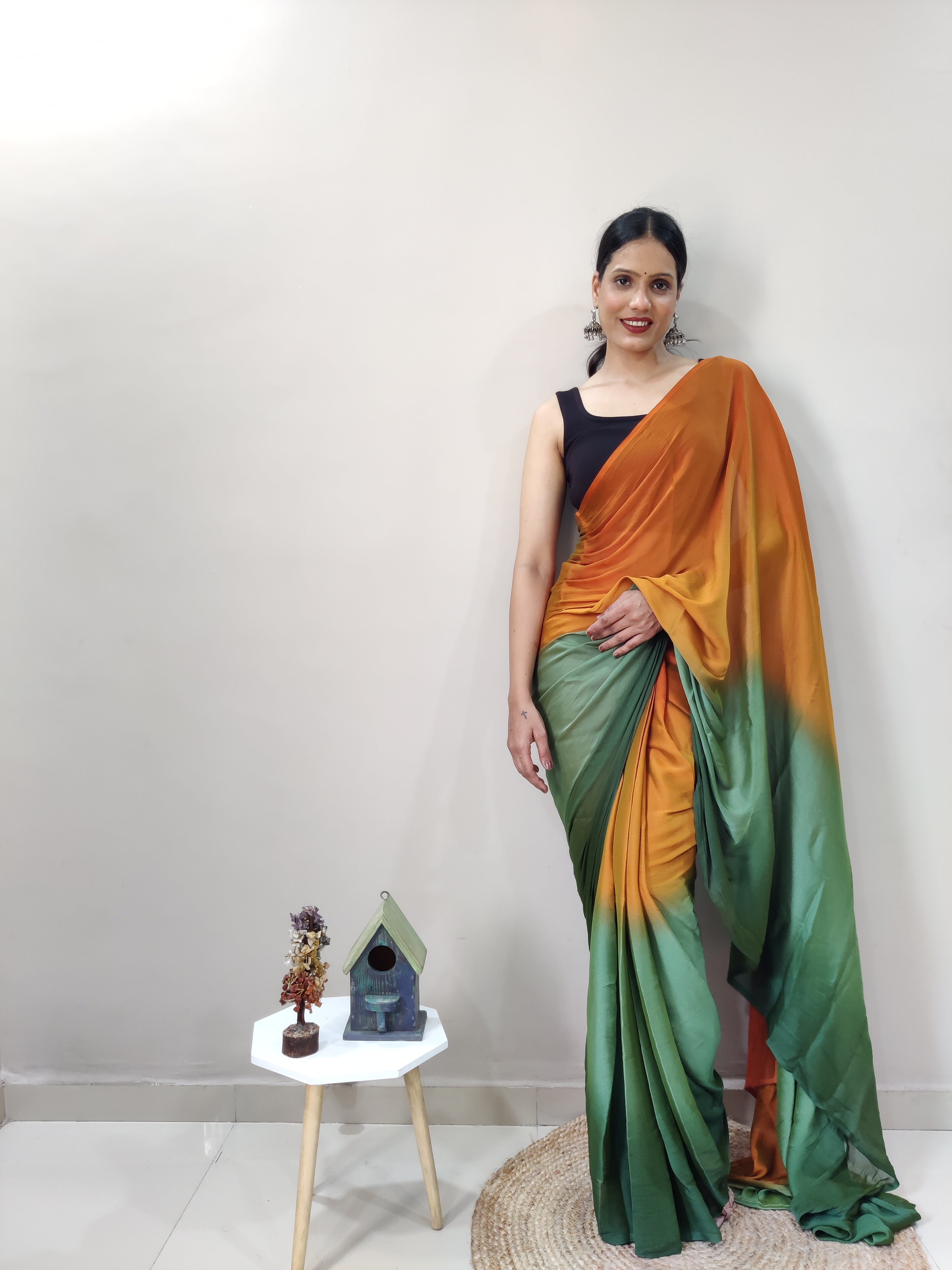 Magnificat 1-Minute Ready-To-Wear Multi-Colour Chiffon Silk Saree | Printed Design with Blouse Piece
