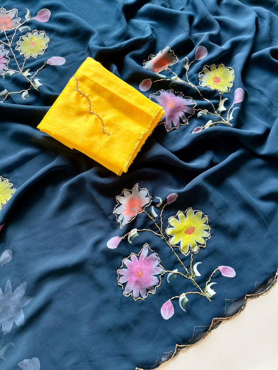 Soft Georgette Saree with Floral Hand Brush Print & Cut Dana Handwork