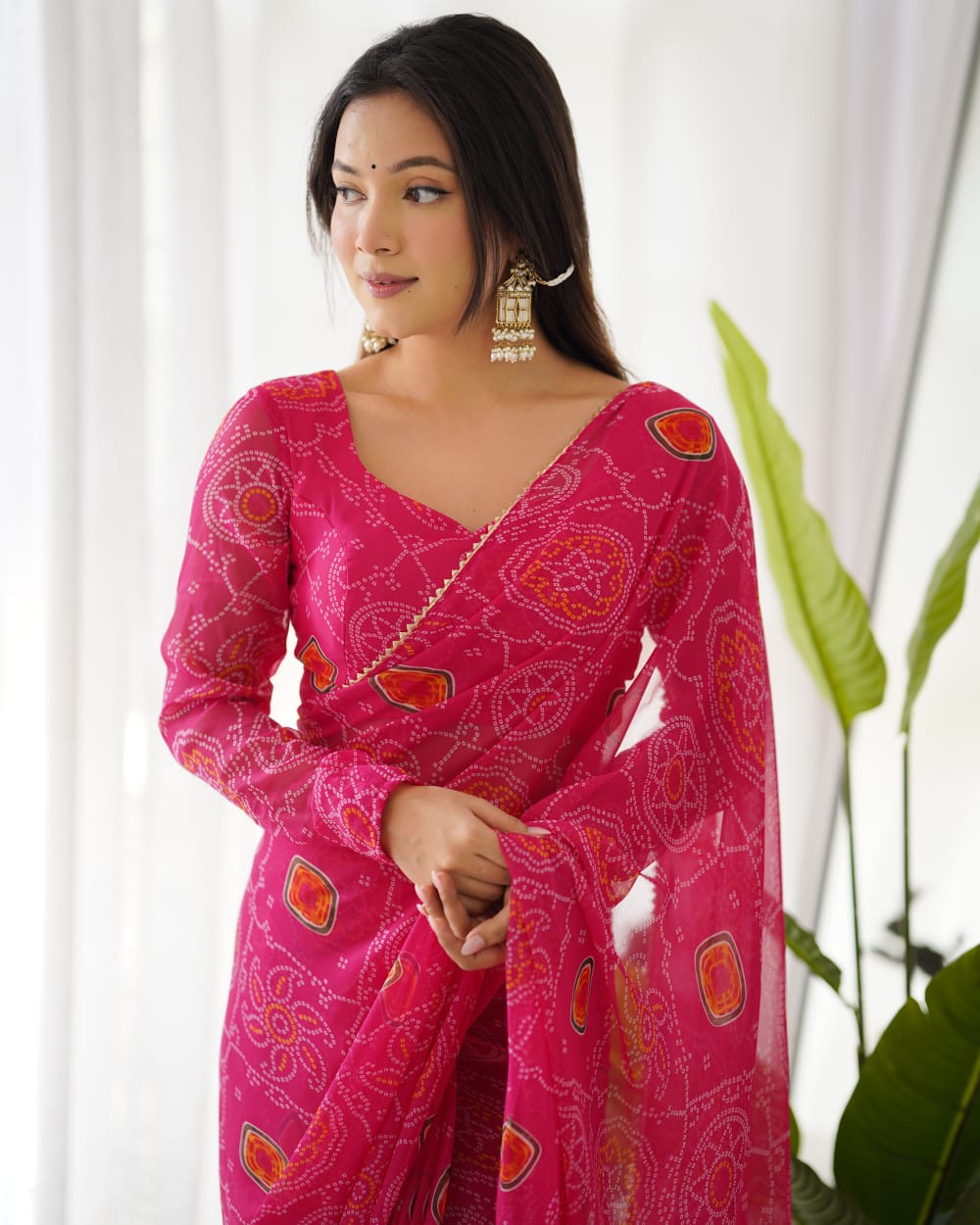 Invaluable 1-Minute Ready-To-Wear Dark Pink Georgette Saree | Digital Print Saree with Blouse Piece