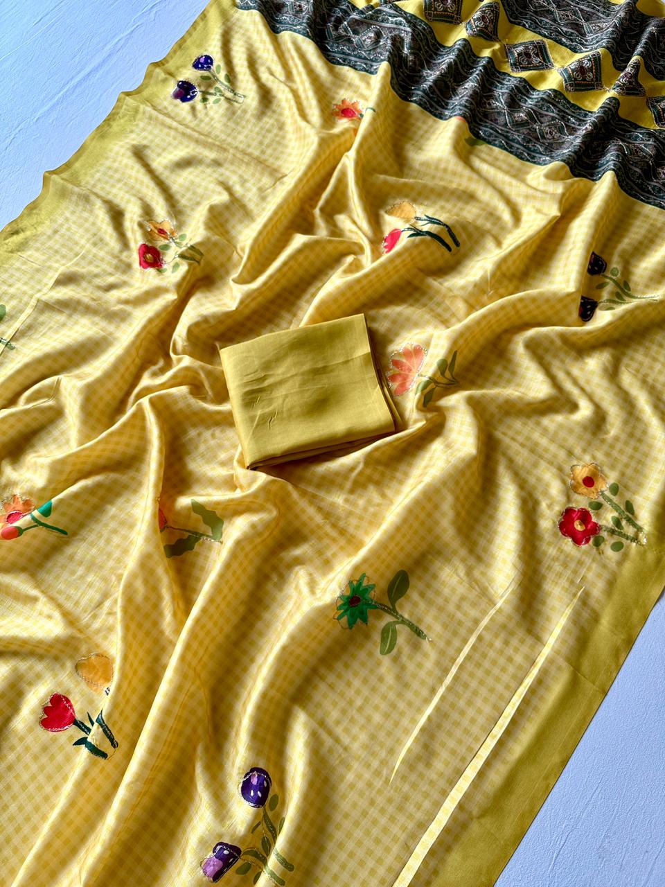 Soft Tusser Silk Saree with 3D Floral Digital Print & Aari Work