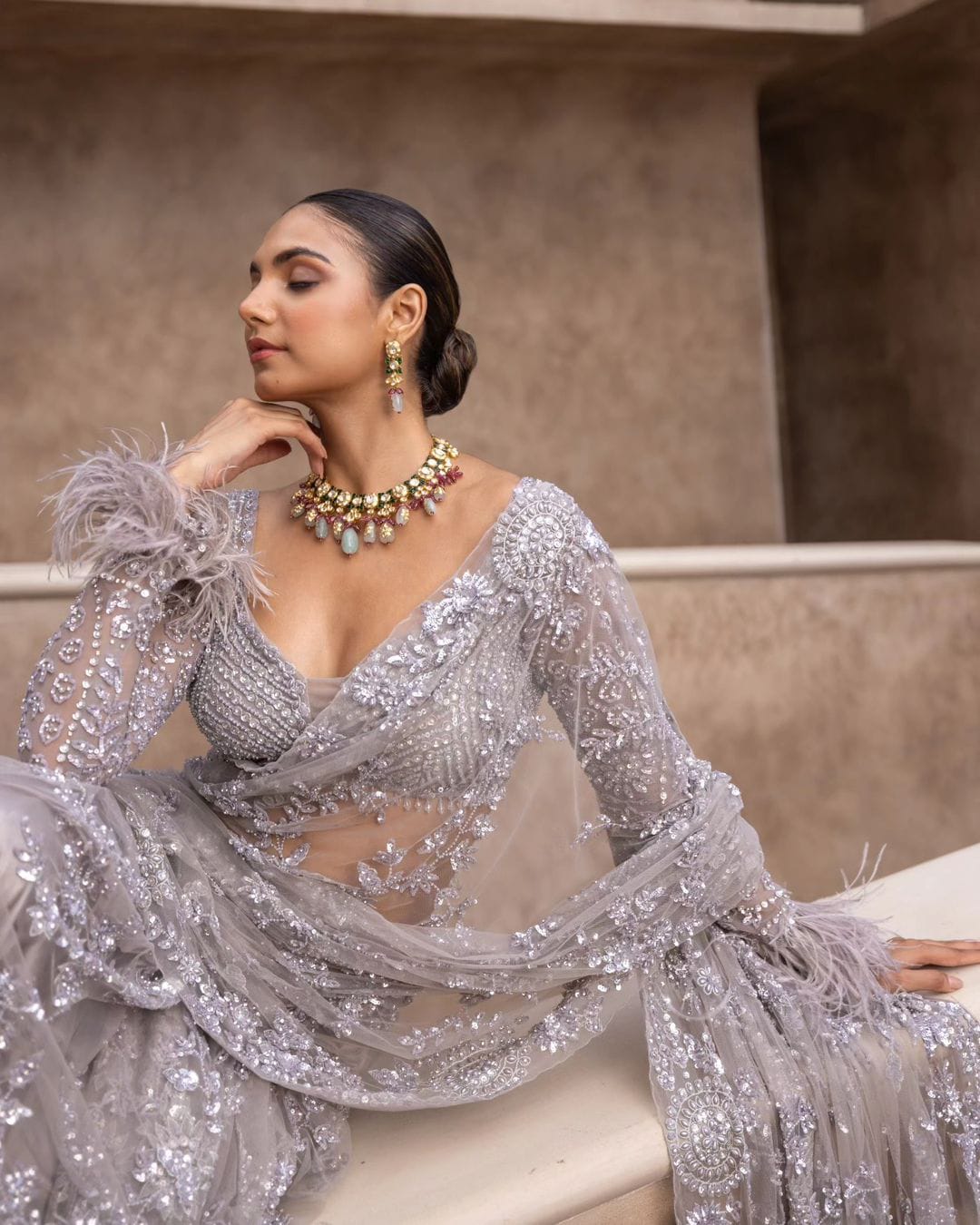 CLOVIRA Heavy Mono Net Saree with 5MM Multy & Sequins Embroidery Work