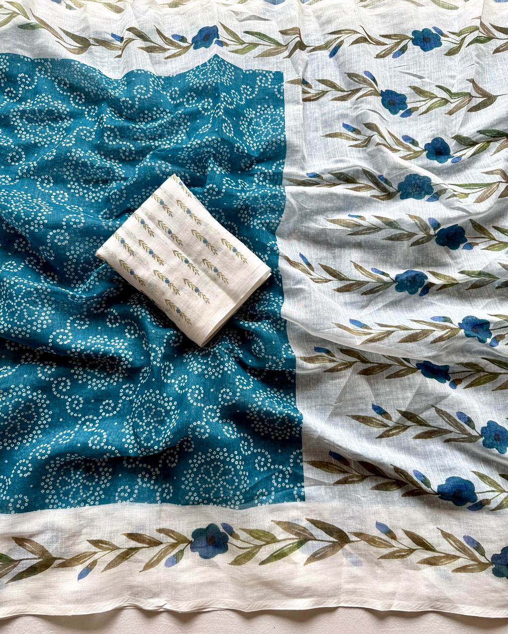 Soft Linen Saree with 3D Bandhej Digital Print & Running Blouse