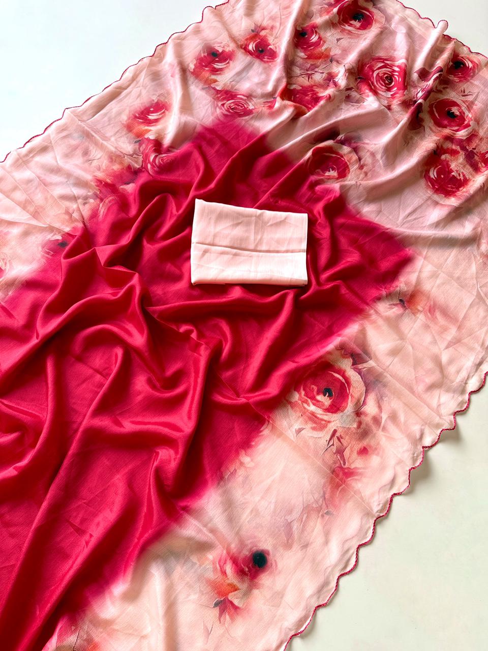 Soft Chinon Saree with Floral Print & Contrast Arco Cutwork Border