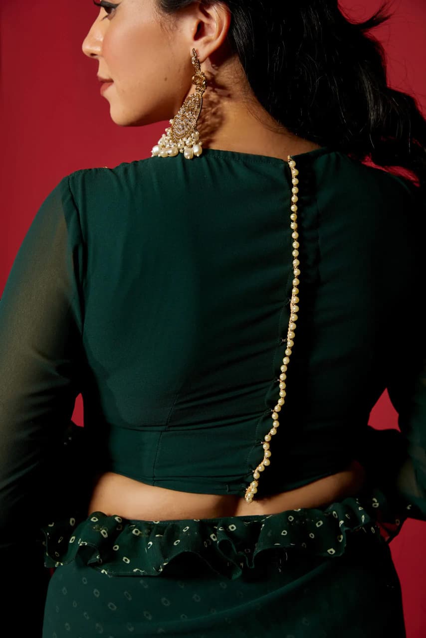 Opal Green Pre-Draped Frilled Saree with Pearl Lace & Digital Print