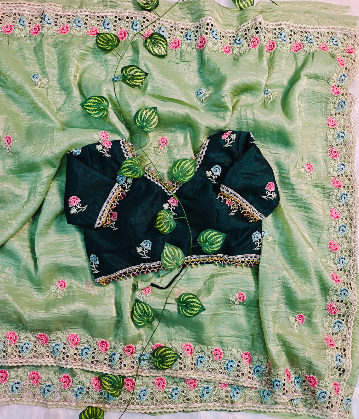 Premium Designer Soft Gold Crush Silk Saree | Multicolor Embroidery Cutwork Border with Stitched Blouse