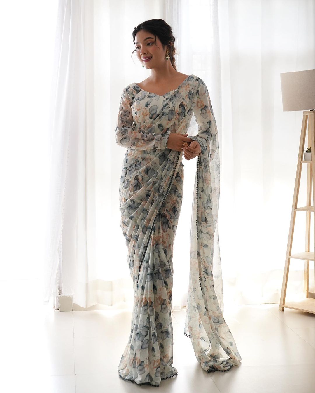 Effortless 1-Minute Ready-To-Wear White Georgette Saree | Printed Design with Blouse Piece
