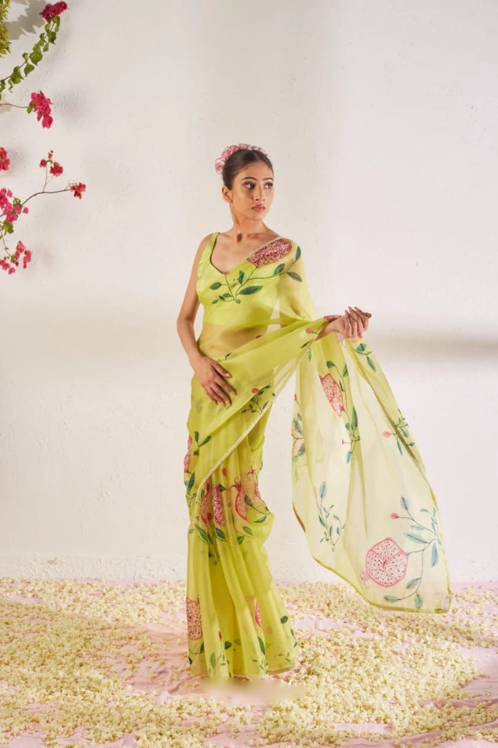 CLOVIRA 1-Minute Ready-to-Wear Organza Silk Saree with Satin Blouse | Printed & Handwork Designer Collection