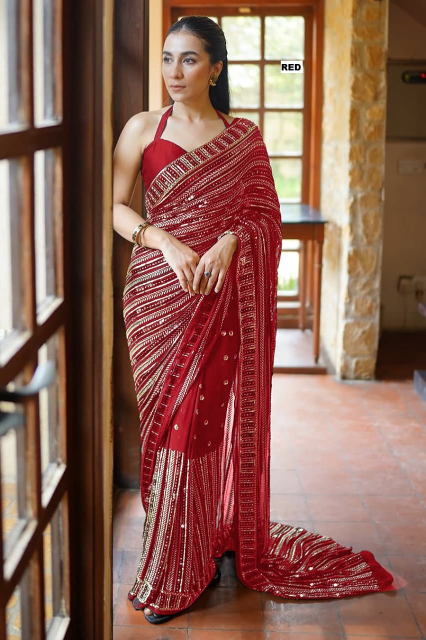 CLOVIRA Heavy Faux Georgette Saree with Sequins & Embroidery Work