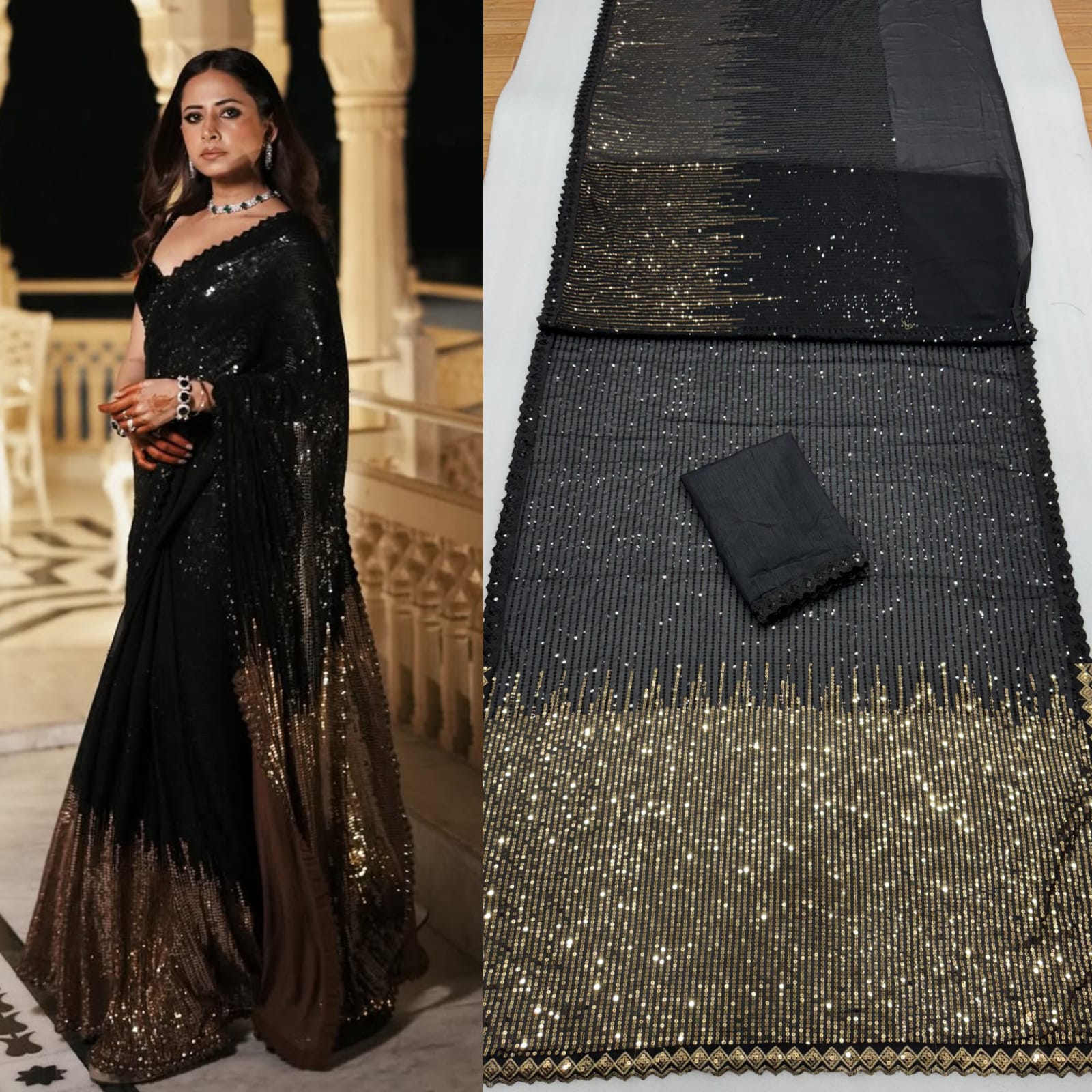CLOVIRA Heavy Georgette Saree with Dual Sequins Embroidery Work