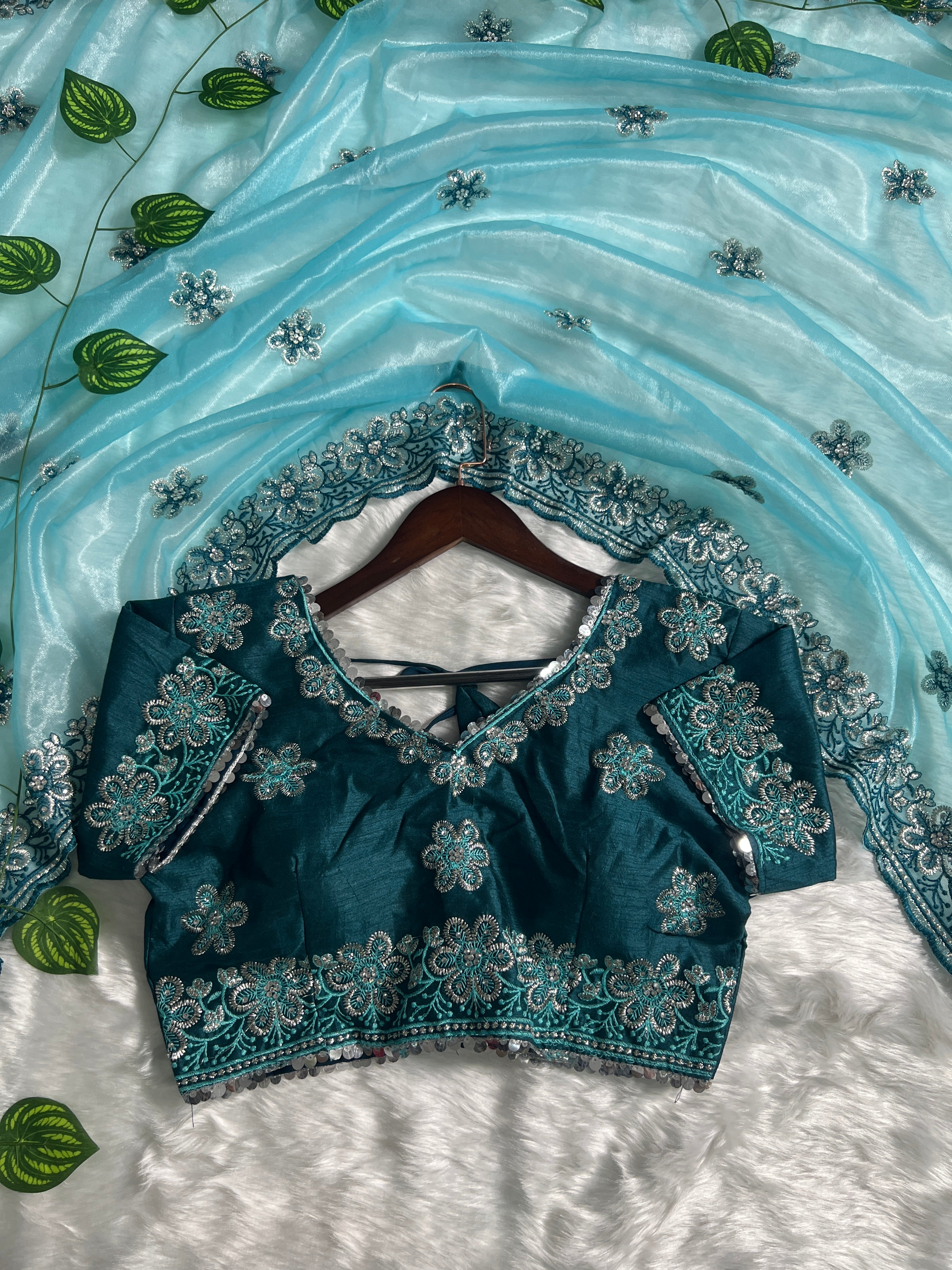 Traditional Soft Silk Saree | Multi Colour Embroidery, Zari Butta & Stone Work with Stitched Blouse