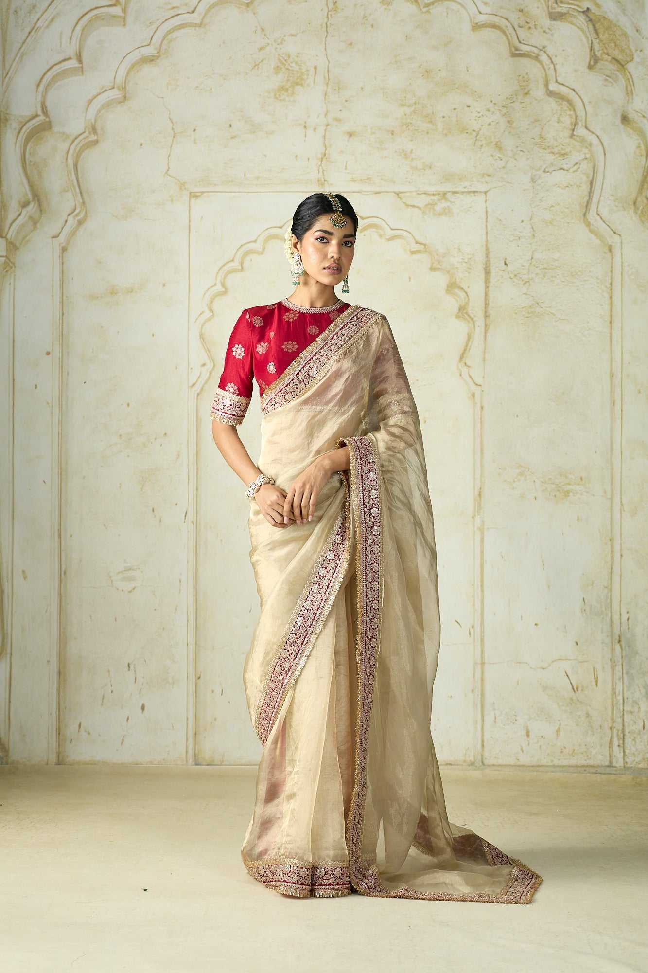 Experience timeless elegance with Designer Traditional Beige Tweel Net Silk Party Wear Saree