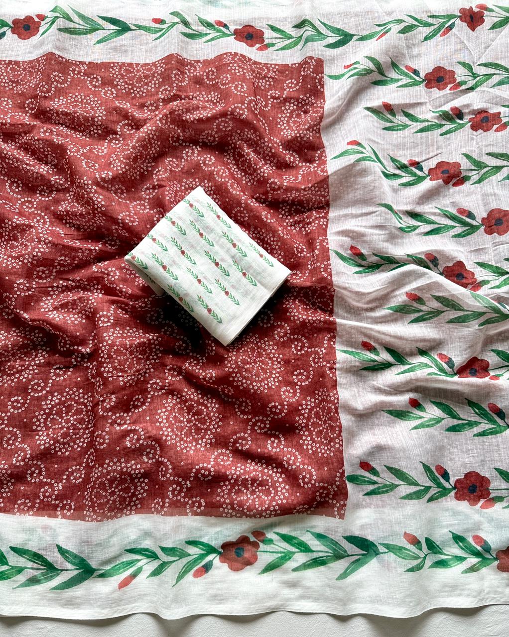 Soft Linen Saree with 3D Bandhej Digital Print & Running Blouse