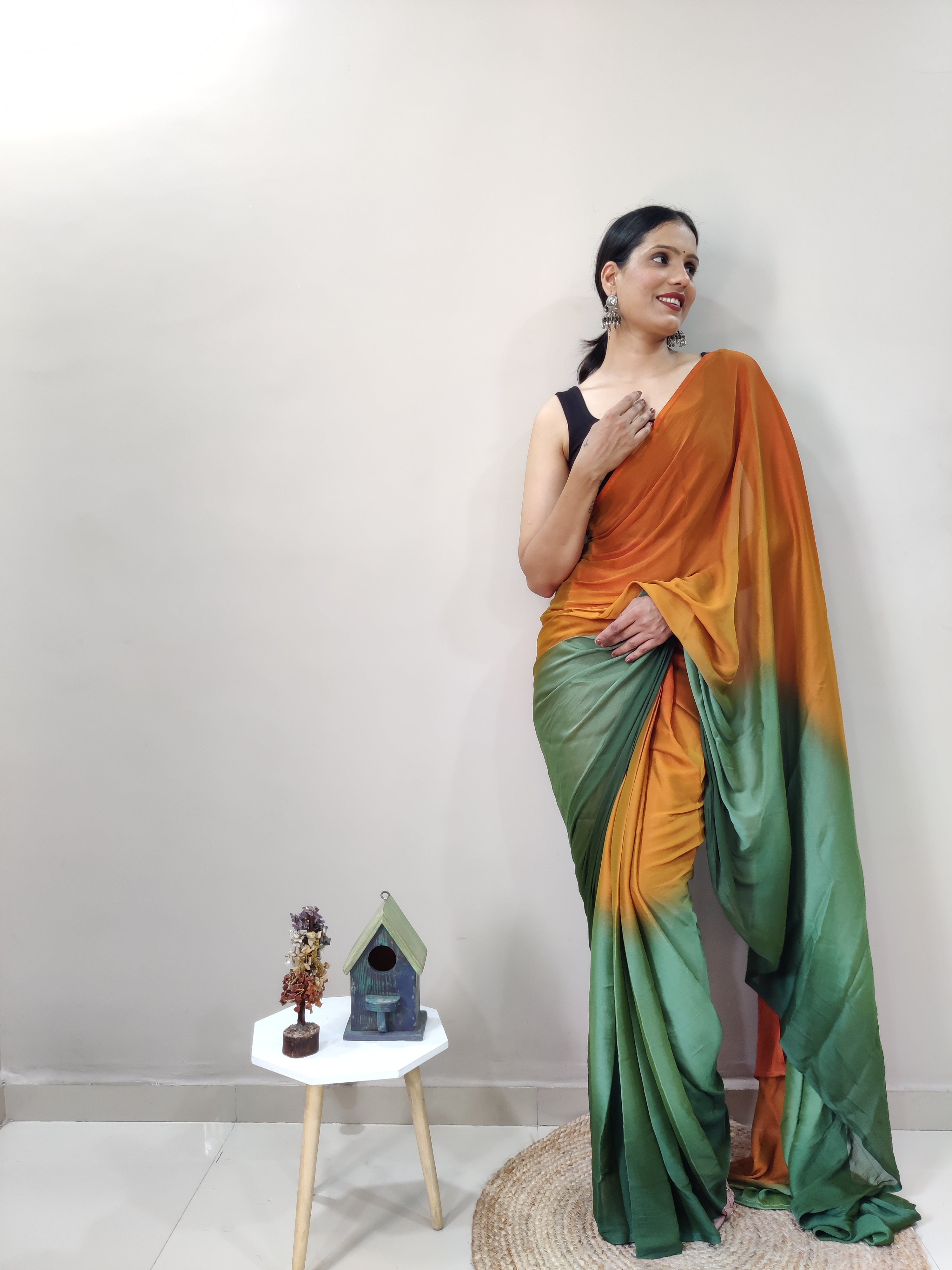 Magnificat 1-Minute Ready-To-Wear Multi-Colour Chiffon Silk Saree | Printed Design with Blouse Piece
