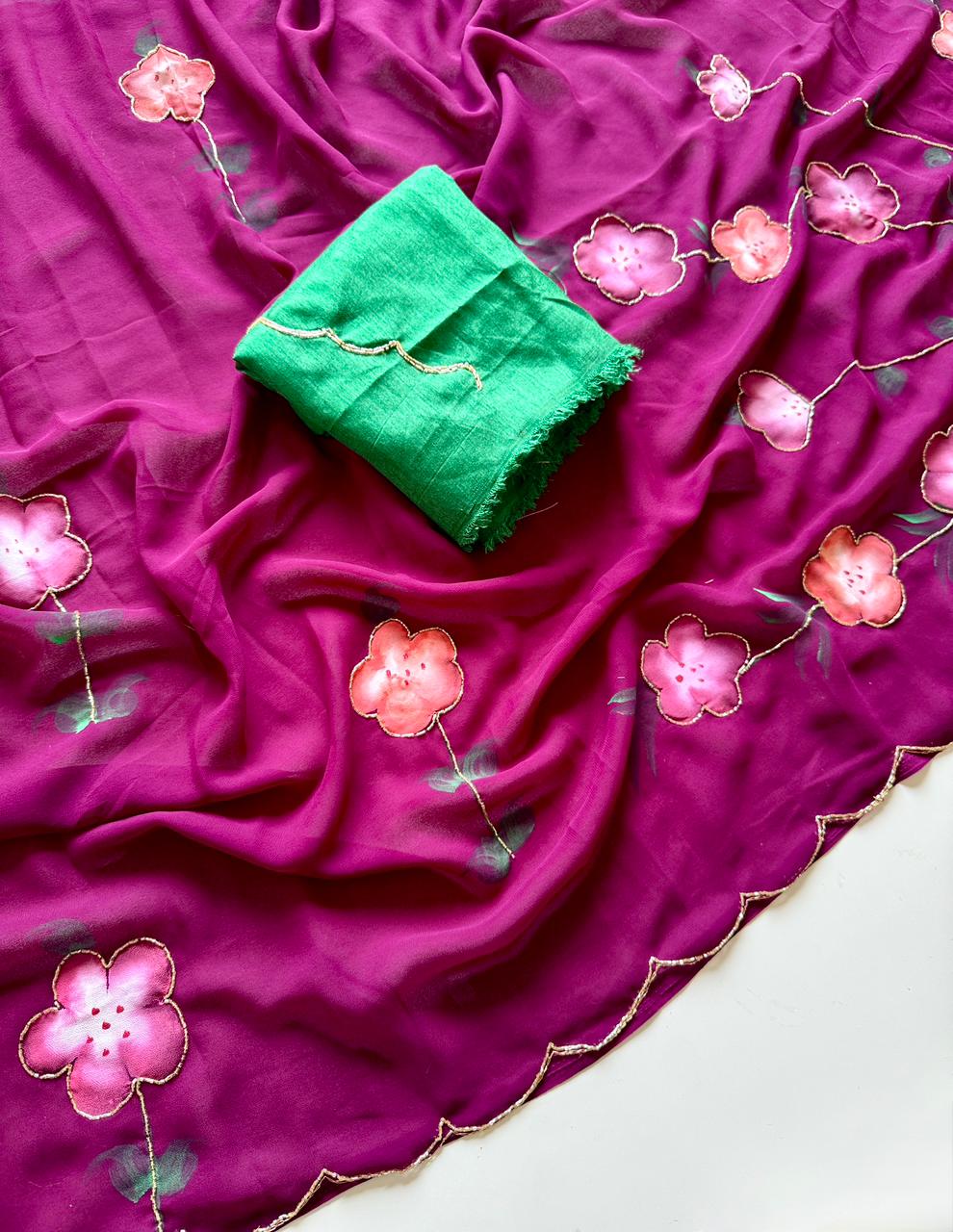 Soft Georgette Saree with Floral Hand Brush Print & Cut Dana Handwork