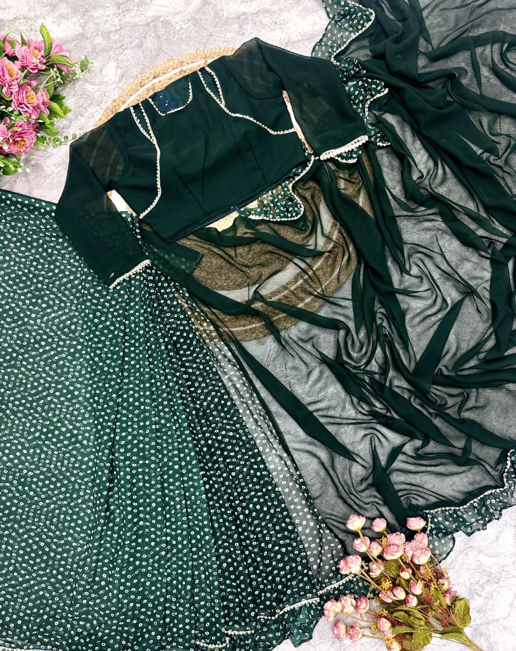 Opal Green Pre-Draped Frilled Saree with Pearl Lace & Digital Print