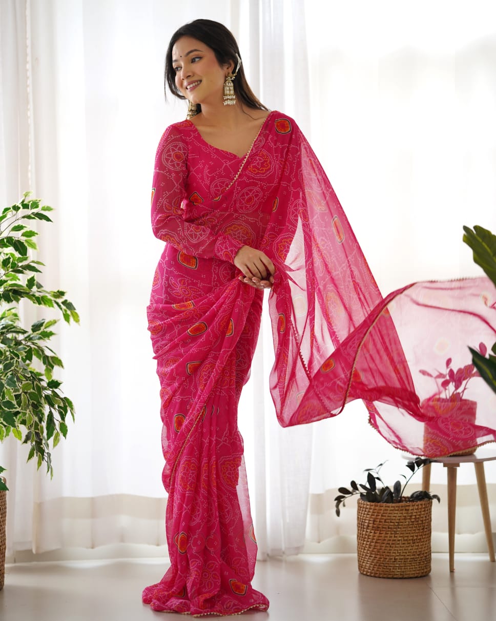 Invaluable 1-Minute Ready-To-Wear Dark Pink Georgette Saree | Digital Print Saree with Blouse Piece