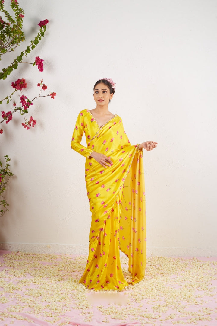 CLOVIRA Exquisite 1-Minute Ready-To-Wear Satin Silk Saree | Digital Print & Handwork Border with Stitched Blouse