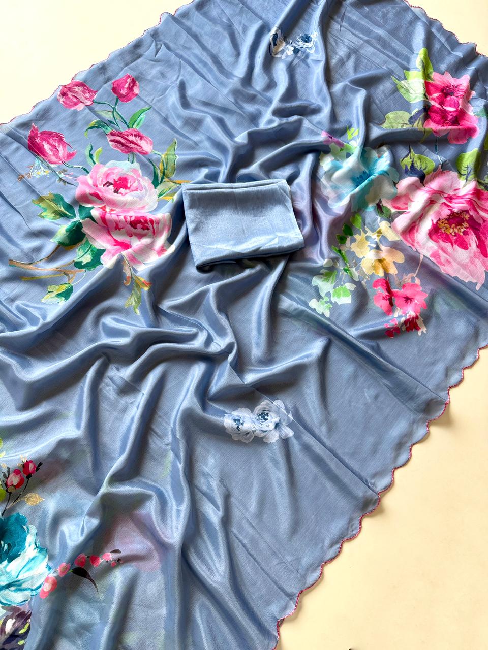 Soft Chinon Saree with Floral Print & Contrast Arco Cutwork Border