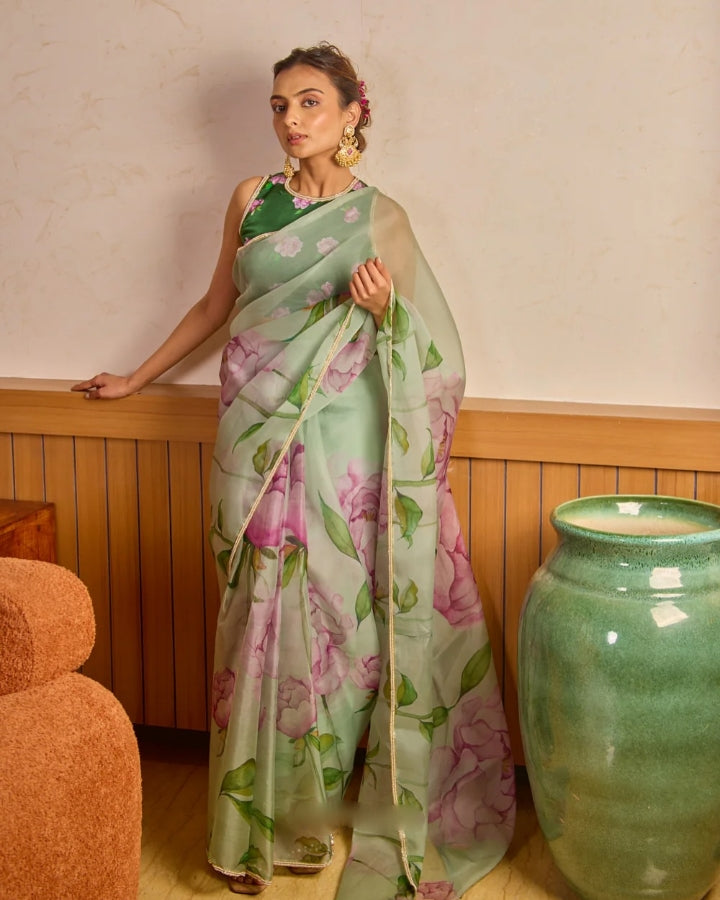 CLOVIRA Tabby Organza Ready-to-Wear Saree with Stitched Blouse | Elegant Designer Party Wear Collection