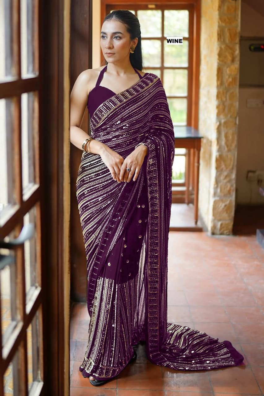 CLOVIRA Heavy Faux Georgette Saree with Sequins & Embroidery Work