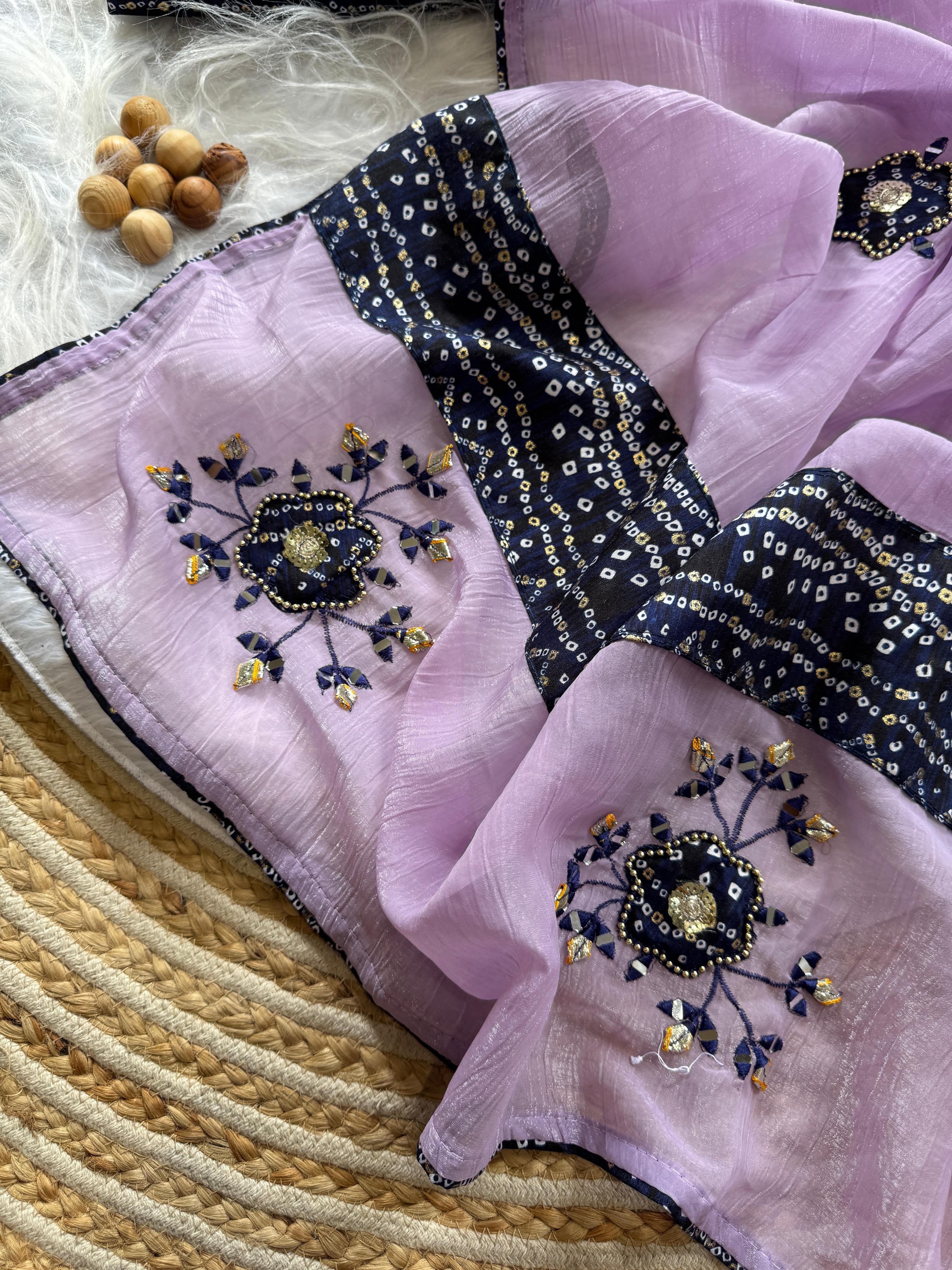 CLOVIRA Soft Crunchy Chiffon Saree with Mirror & Thread Embroidery