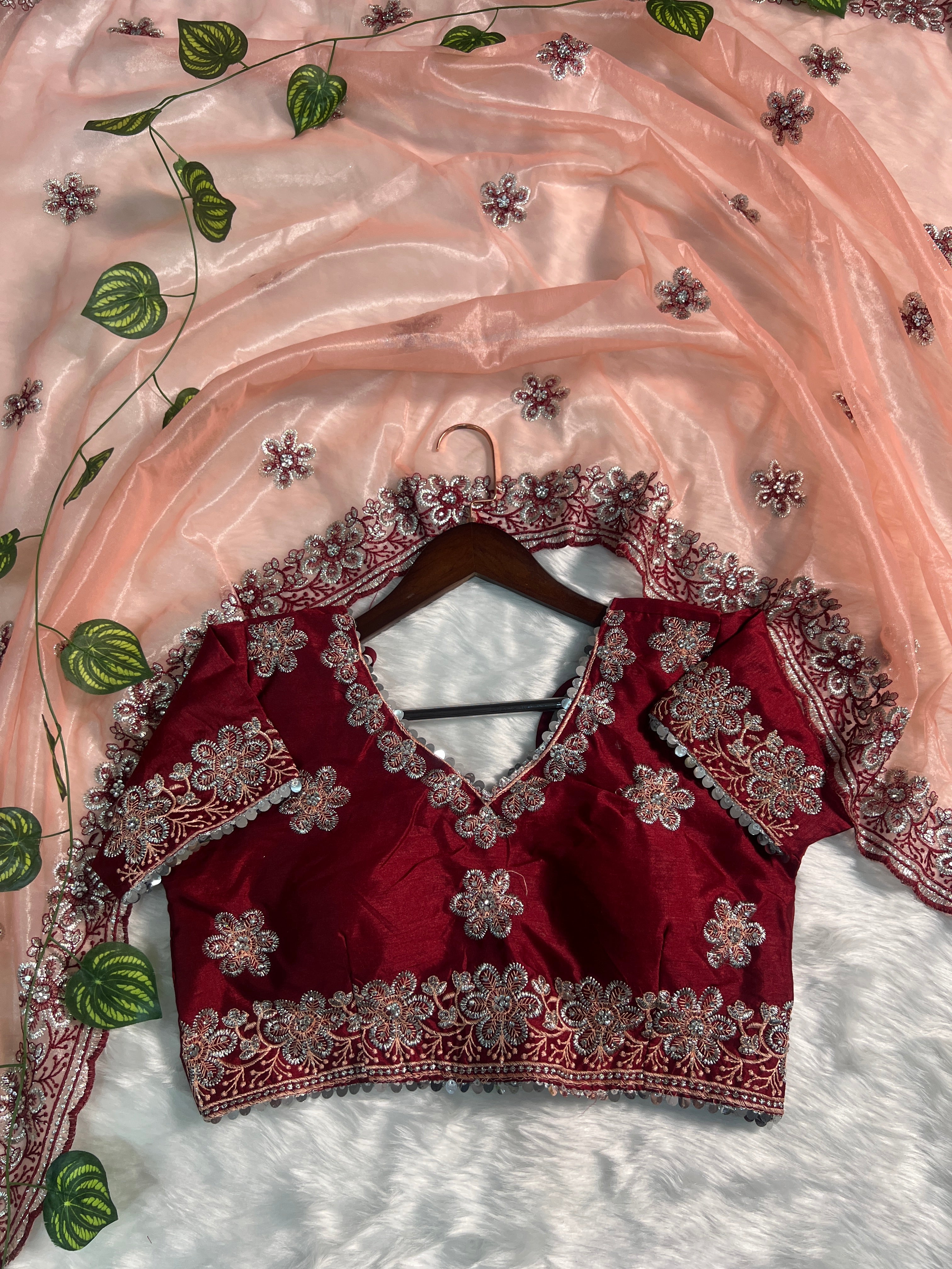 Traditional Soft Silk Saree | Multi Colour Embroidery, Zari Butta & Stone Work with Stitched Blouse