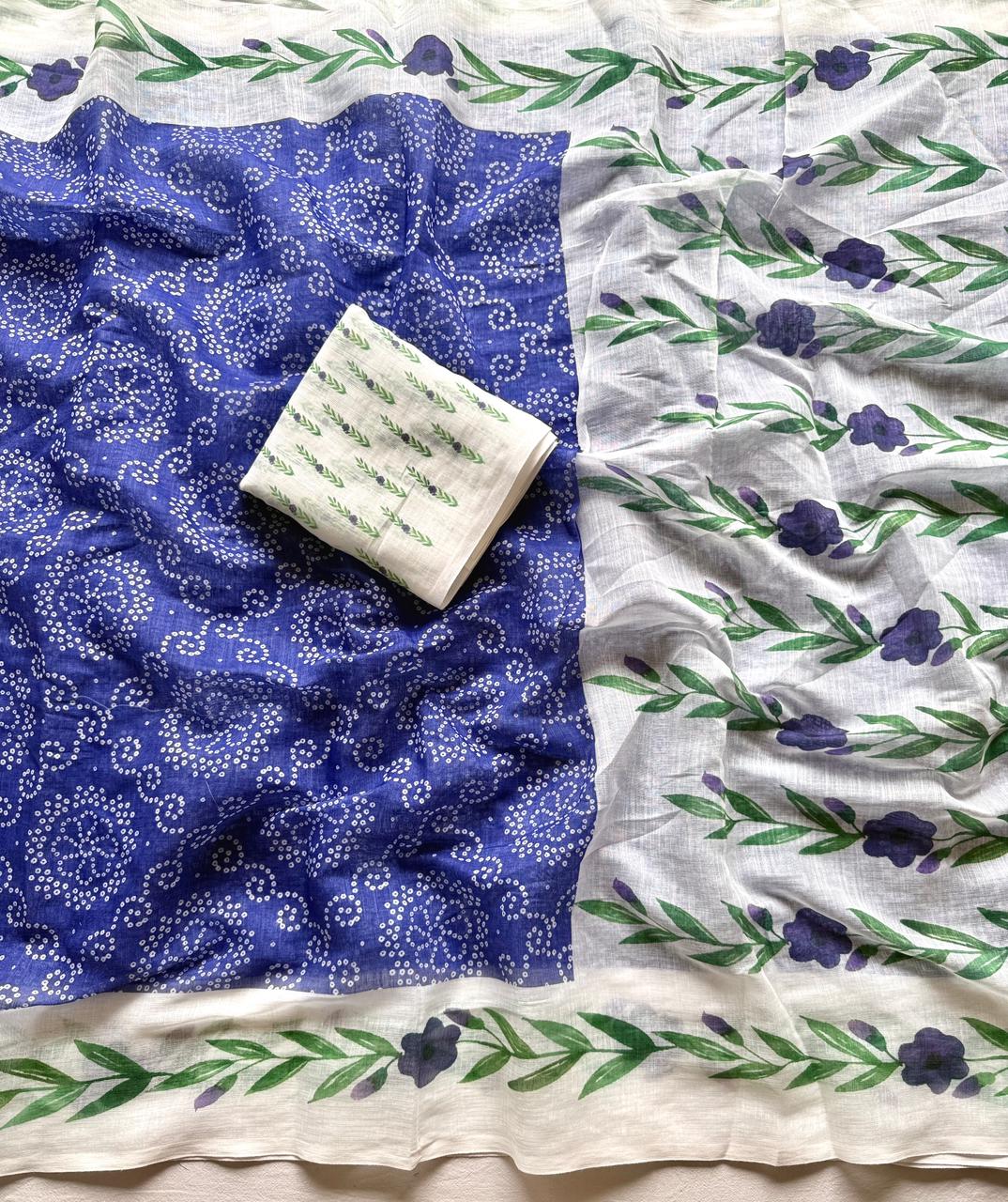 Soft Linen Saree with 3D Bandhej Digital Print & Running Blouse