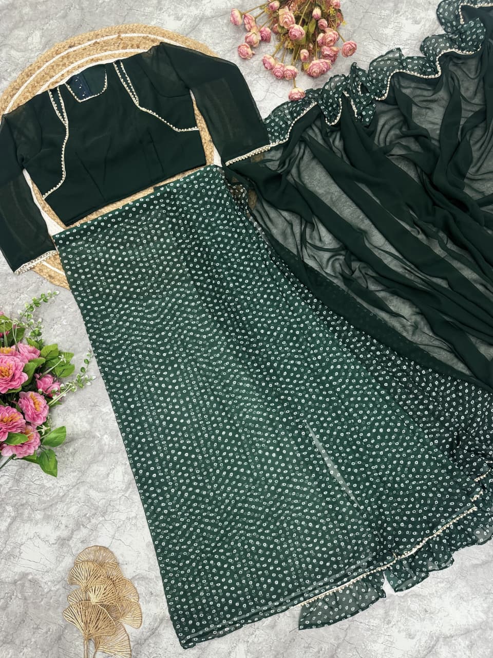 Opal Green Pre-Draped Frilled Saree with Pearl Lace & Digital Print