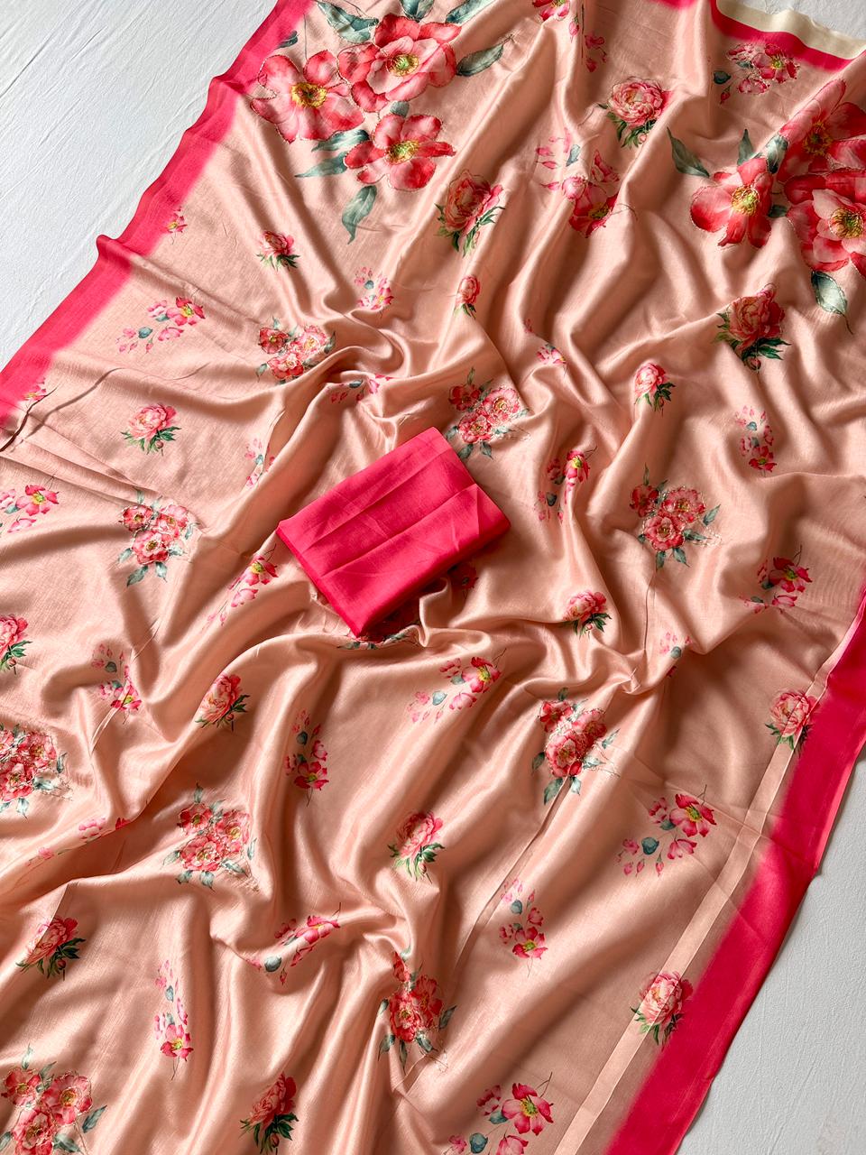 Soft Tusser Silk Saree with 3D Floral Digital Print & Aari Work