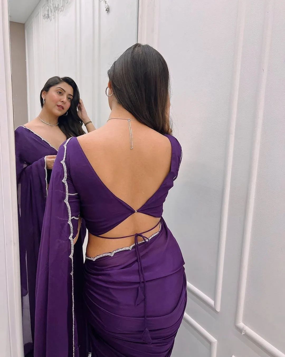 CLOVIRA Deep Violet Georgette Ready-to-Wear Saree with Stitched Violet Blouse | Elegant Designer Party Wear Collection