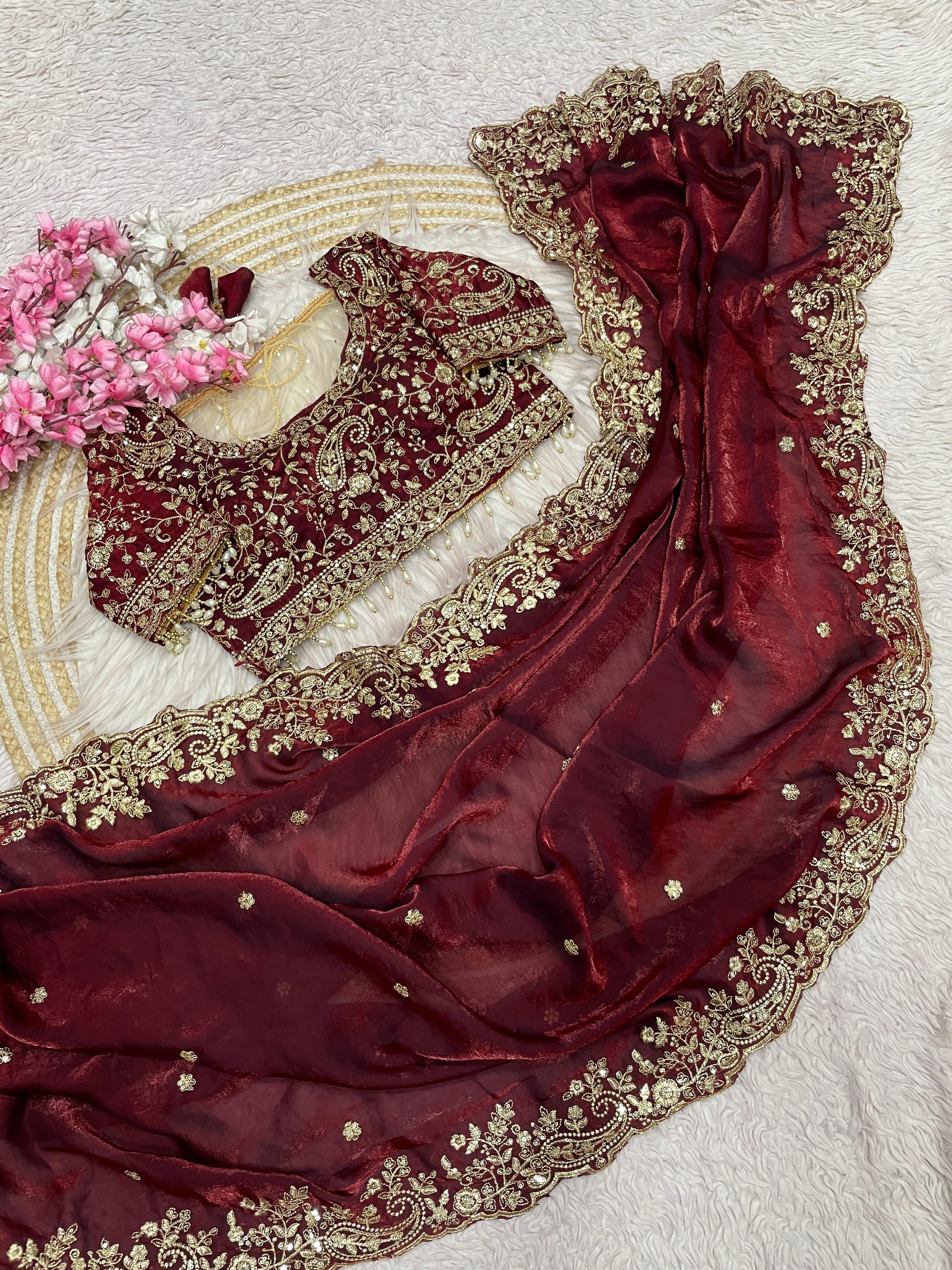 Designer Traditional Party Wear Fendy Silk Saree | Multi & Sequence Embroidery Work | Cutwork Border & Stitched Blouse