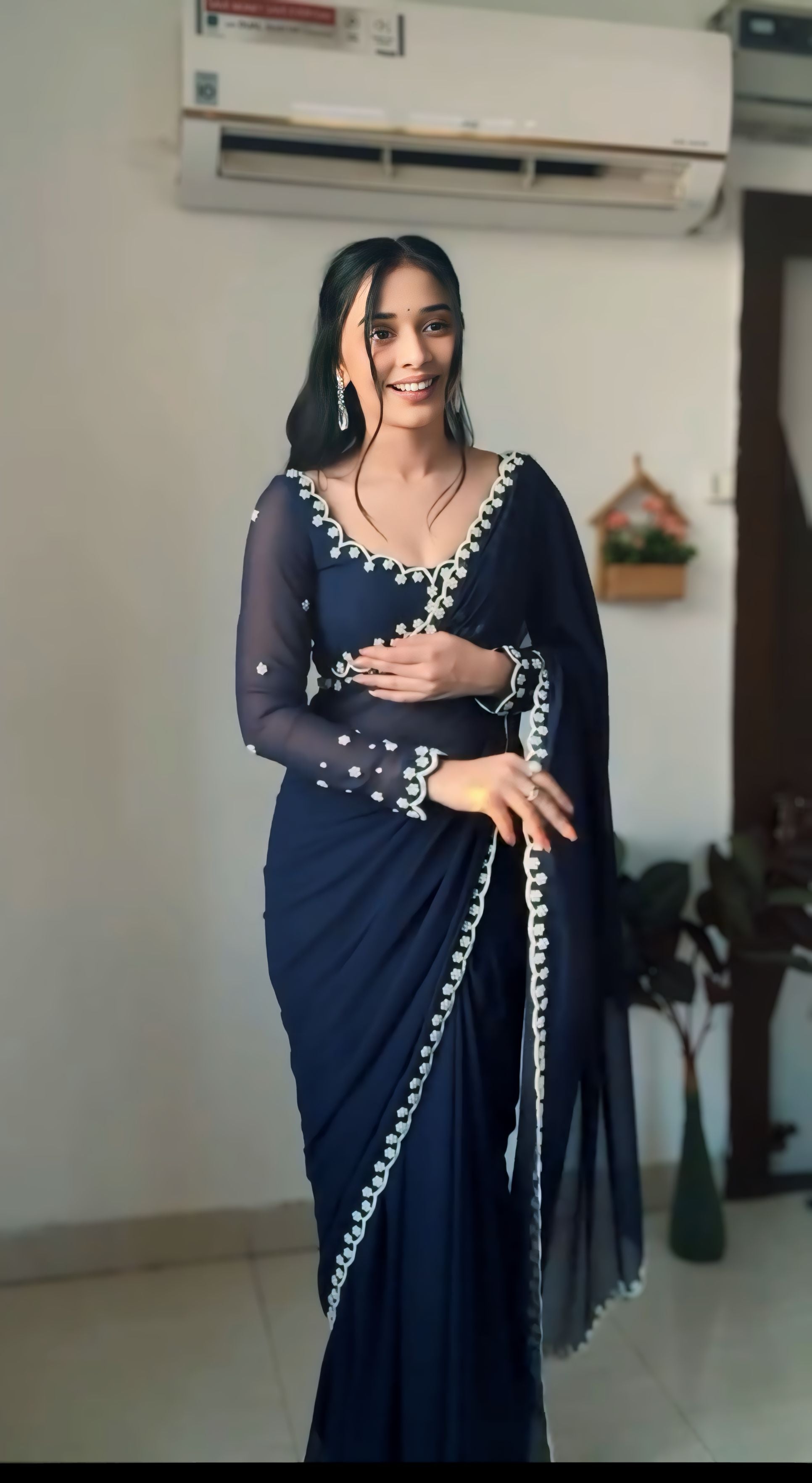1-Minute Ready-To-Wear Premium Georgette Saree | Handwork & Pearl Detailing with Blouse Piece