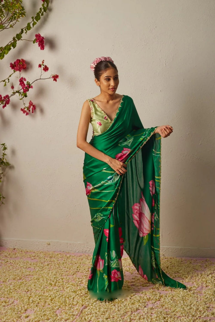 CLOVIRA 1-Minute Ready-to-Wear Satin Silk Saree with Printed & Handwork Border | Luxurious Designer Collection