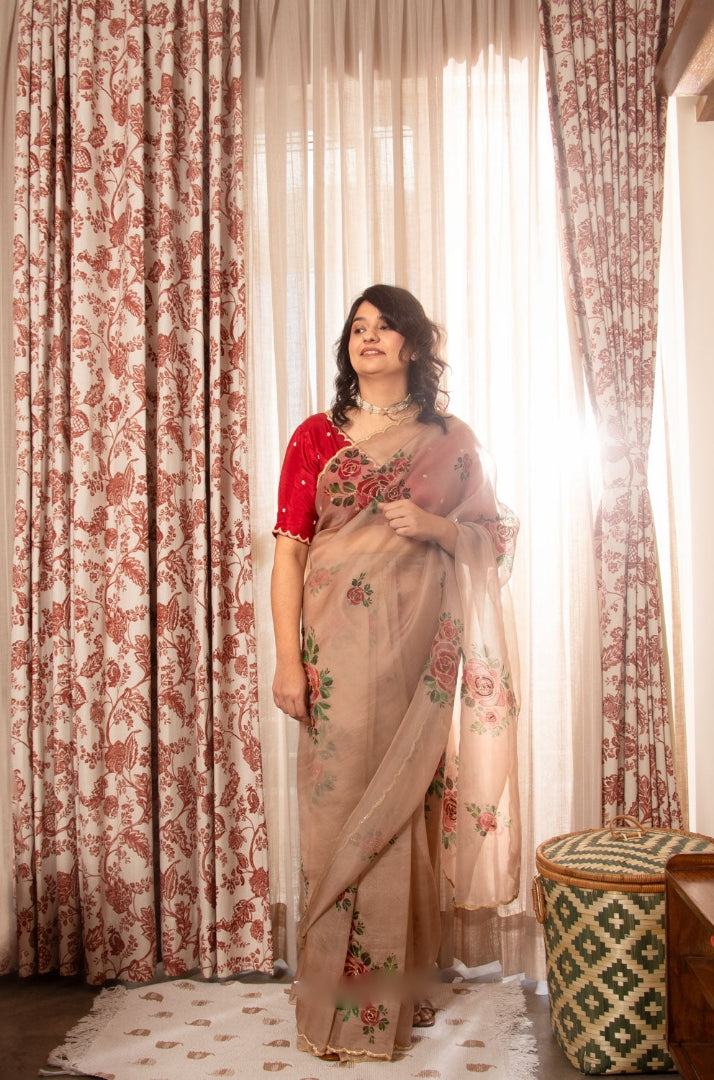 CLOVIRA Ready-to-Wear Tabby Organza Saree with Printed & Handwork Border | Luxurious Designer Collection