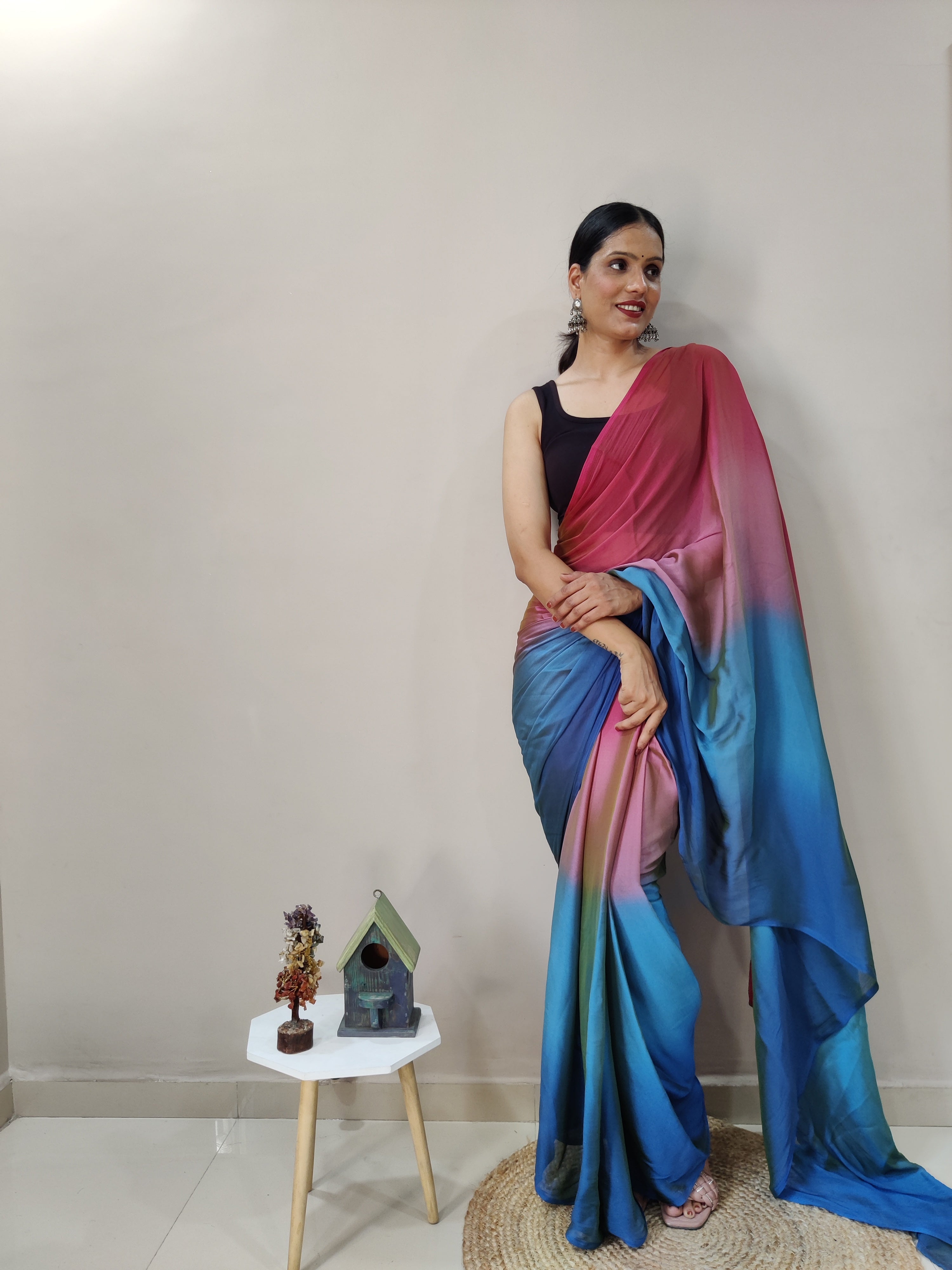 Magnificat 1-Minute Ready-To-Wear Multi-Colour Chiffon Silk Saree | Printed Design with Blouse Piece
