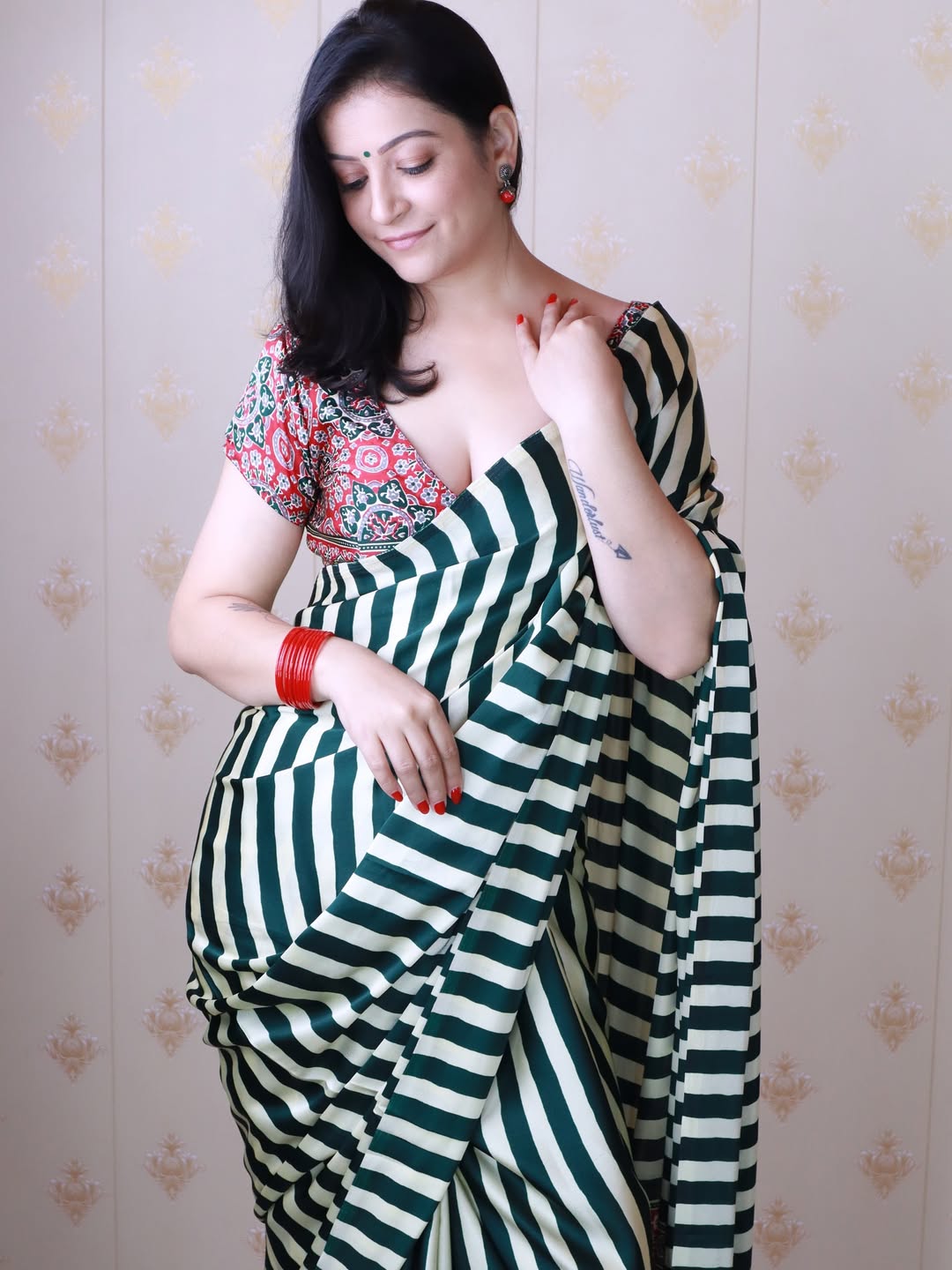 CLOVIRA Opal Green and Parrot Green Pure Soft Crepe Silk Ready-to-Wear Saree