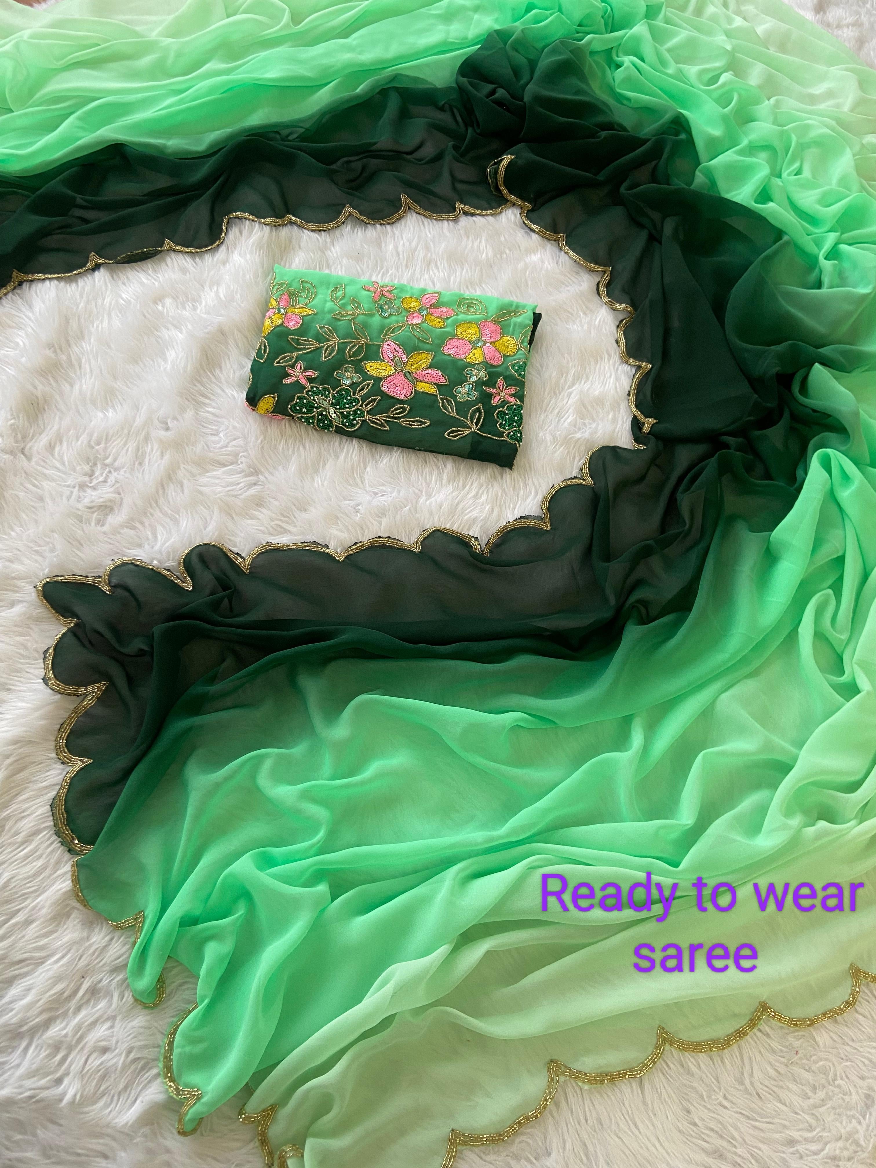 Exquisite 1-Minute Ready-To-Wear Peach Georgette Saree | Printed Design with Border Work & Blouse Piece