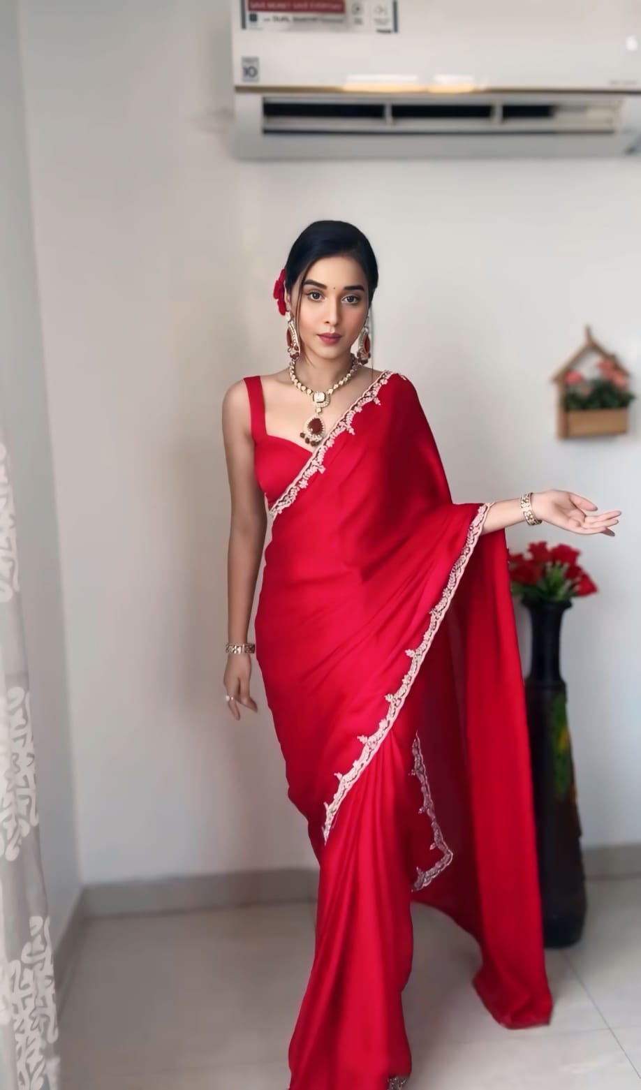 CLOVIRA 1-Minute Ready-to-Wear Rangoli Silk Saree with Handwork Border & Stitched Blouse | Effortless Luxury Collection