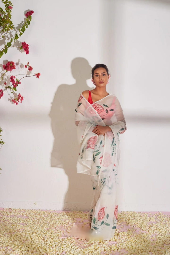 CLOVIRA 1-Minute Ready-to-Wear Organza Silk Saree with Satin Blouse | Printed & Handwork Designer Collection