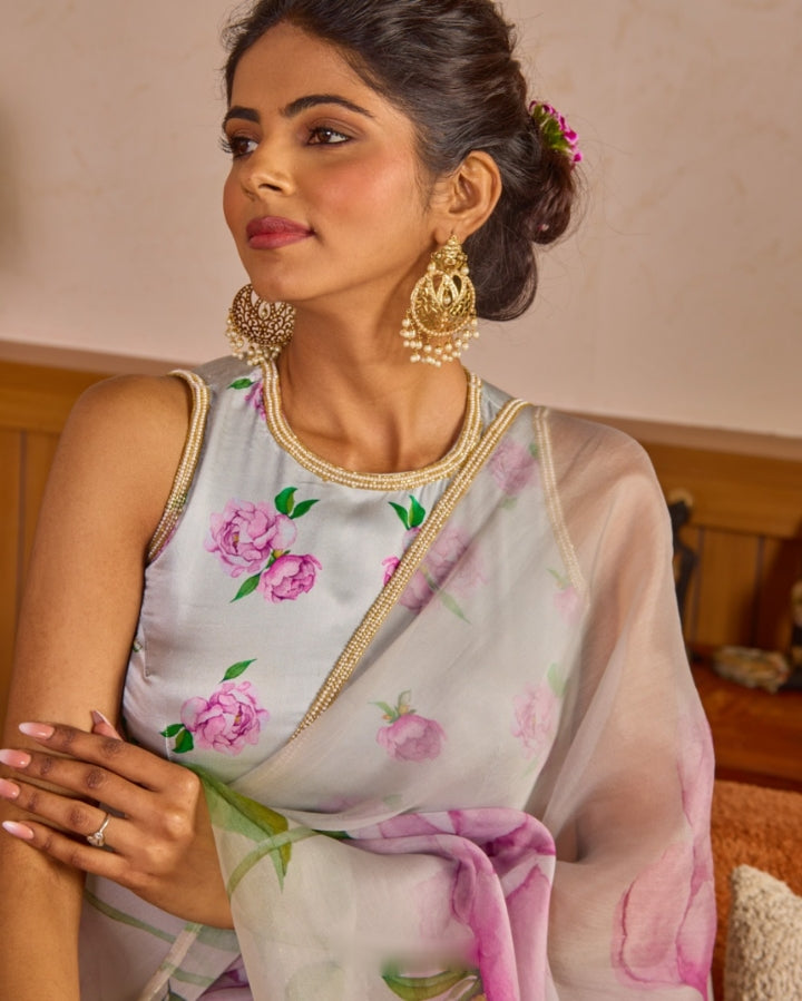 CLOVIRA Tabby Organza Ready-to-Wear Saree with Stitched Blouse | Elegant Designer Party Wear Collection