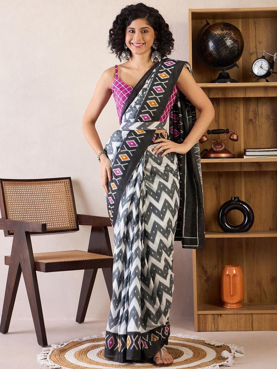 CLOVIRA Pure Soft Mul Cotton Silk Ready-to-Wear Saree with Pocket