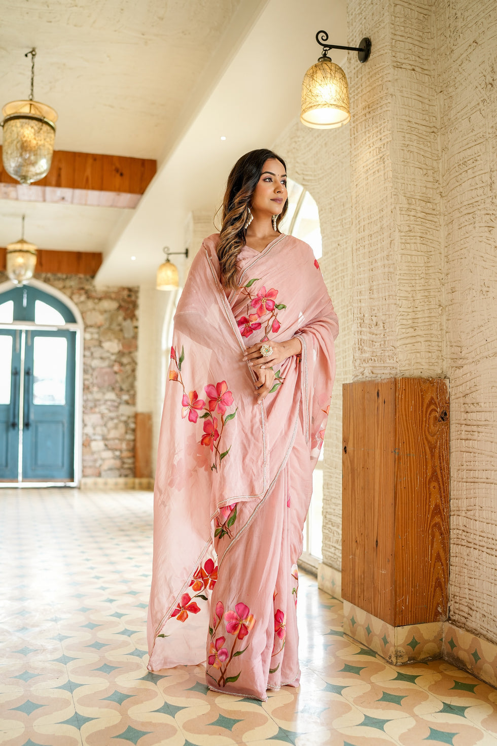 CLOVIRA Graceful 1-Minute Ready-To-Wear Peach Georgette Silk Saree | Printed & Handwork Border with Stitched Blouse