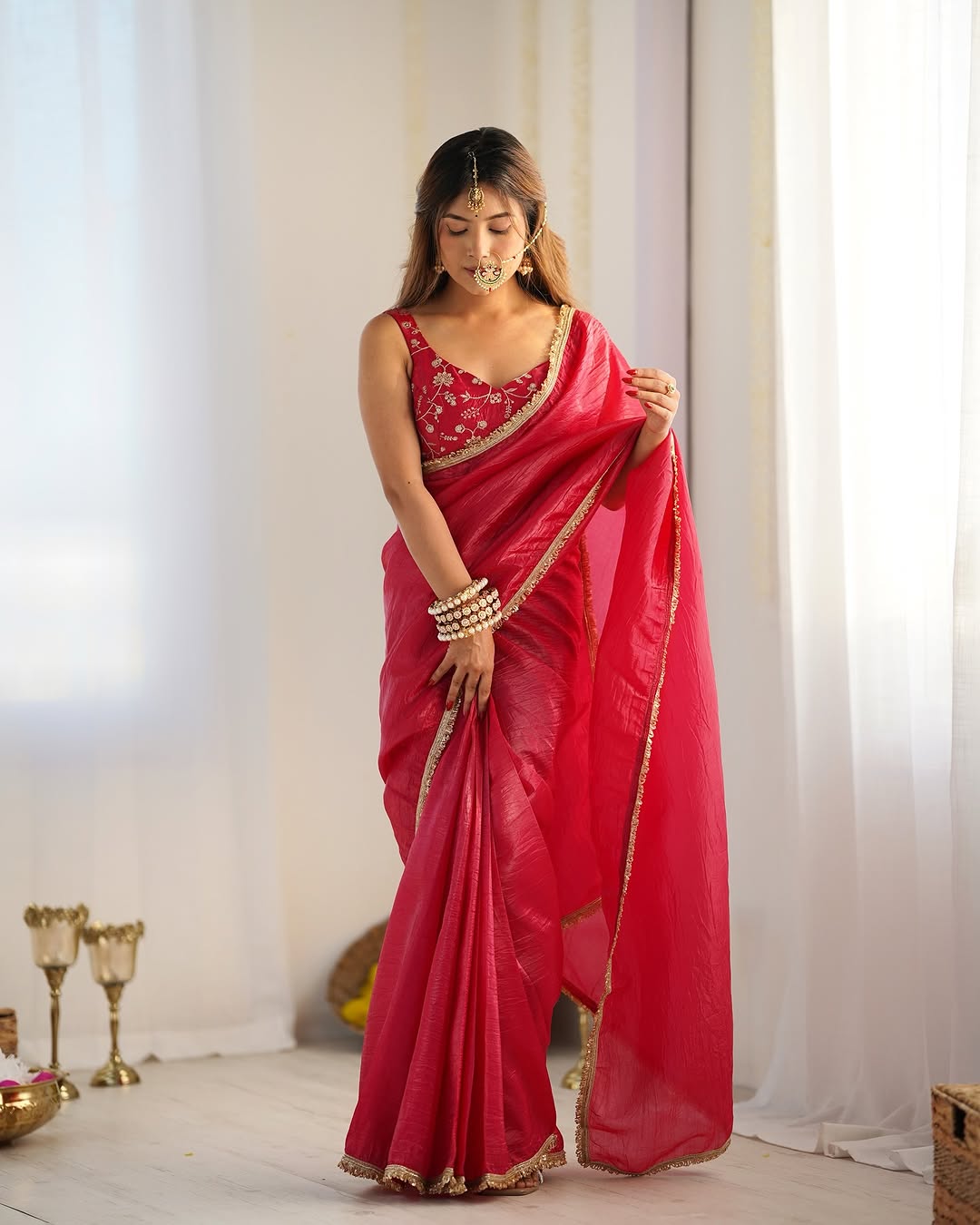 CLOVIRA Royal 1-Minute Ready-To-Wear Golden Crush Silk Saree | Elegant Border with Stitched Blouse