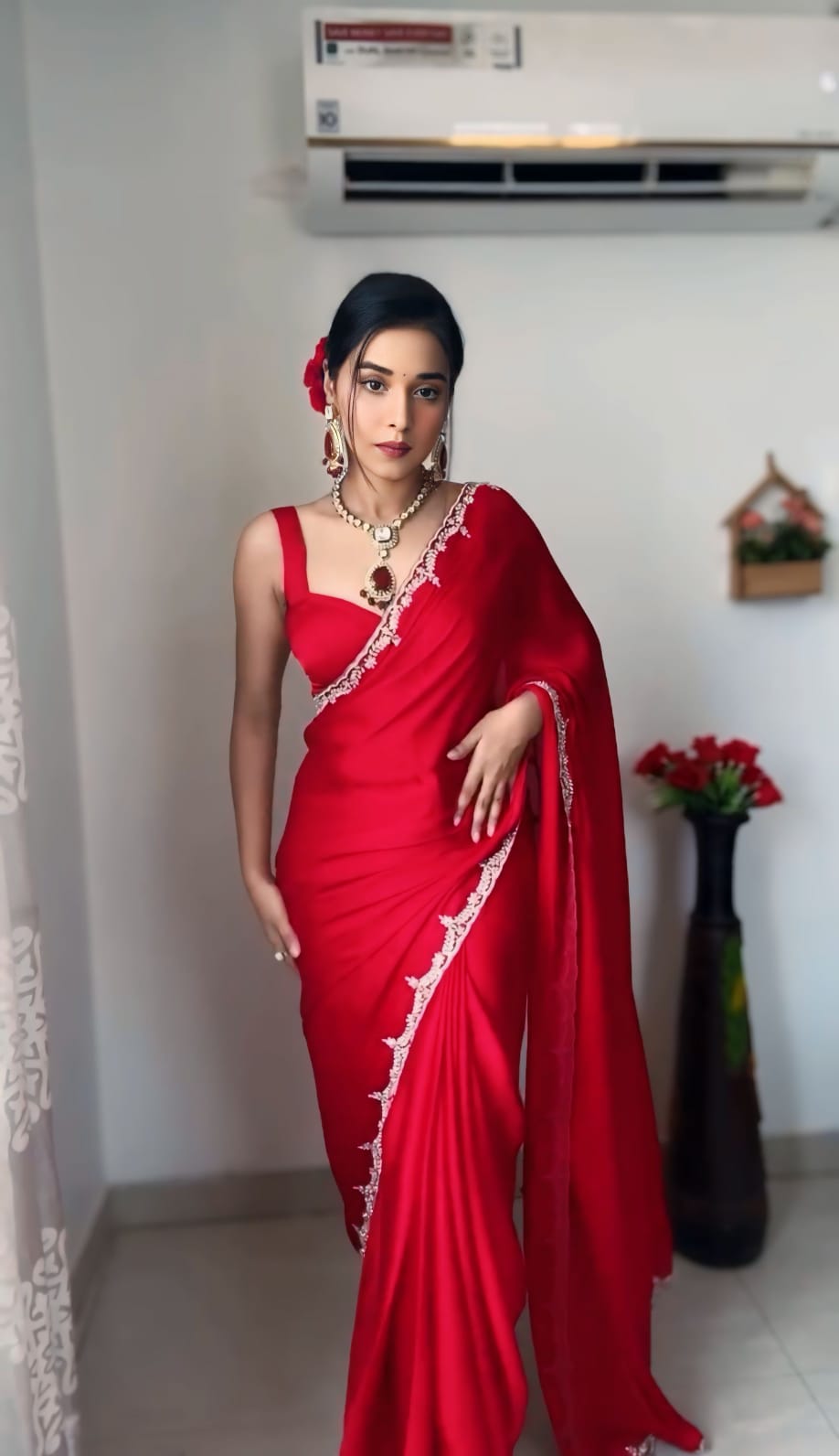 CLOVIRA 1-Minute Ready-to-Wear Rangoli Silk Saree with Handwork Border & Stitched Blouse | Effortless Luxury Collection