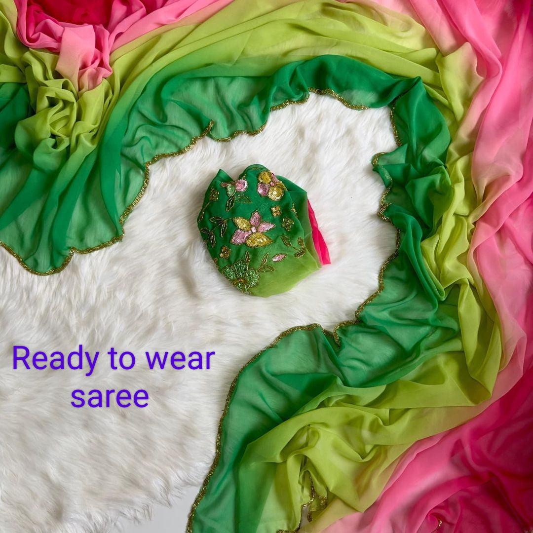 Exquisite 1-Minute Ready-To-Wear Peach Georgette Saree | Printed Design with Border Work & Blouse Piece