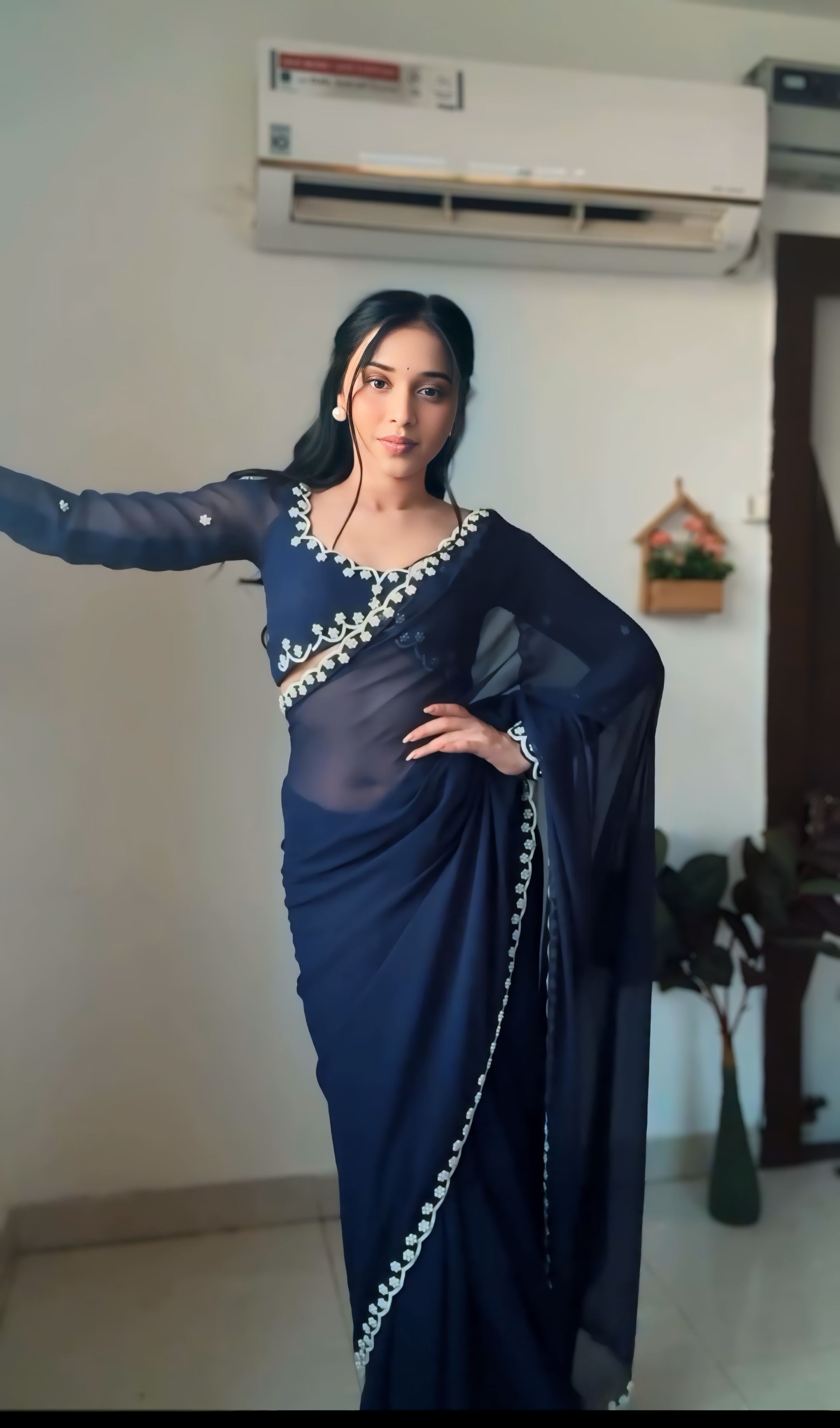 1-Minute Ready-To-Wear Premium Georgette Saree | Handwork & Pearl Detailing with Blouse Piece