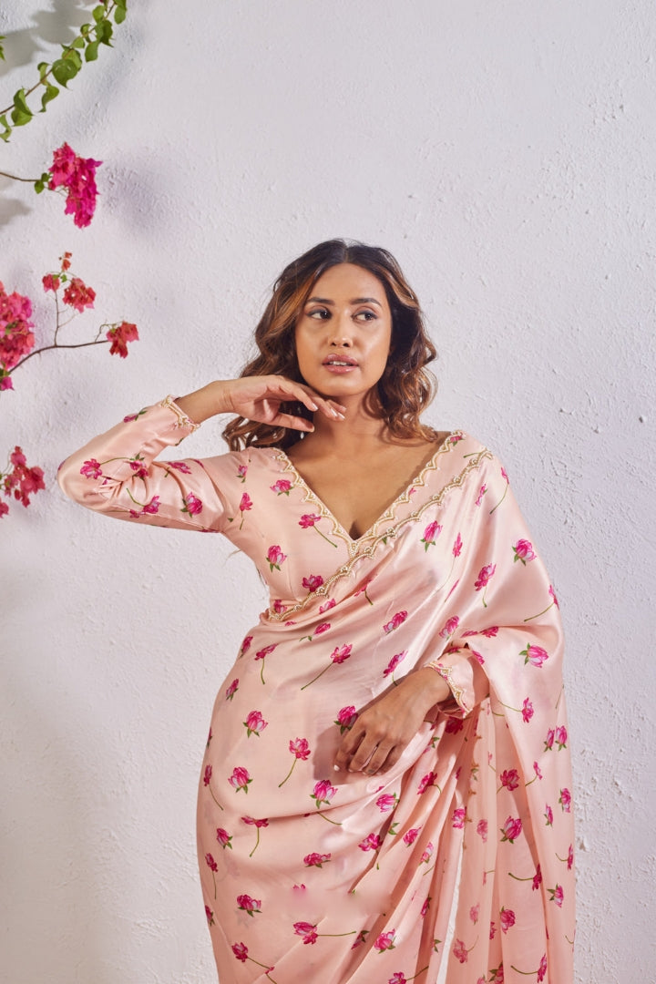 CLOVIRA Exquisite 1-Minute Ready-To-Wear Satin Silk Saree | Digital Print & Handwork Border with Stitched Blouse