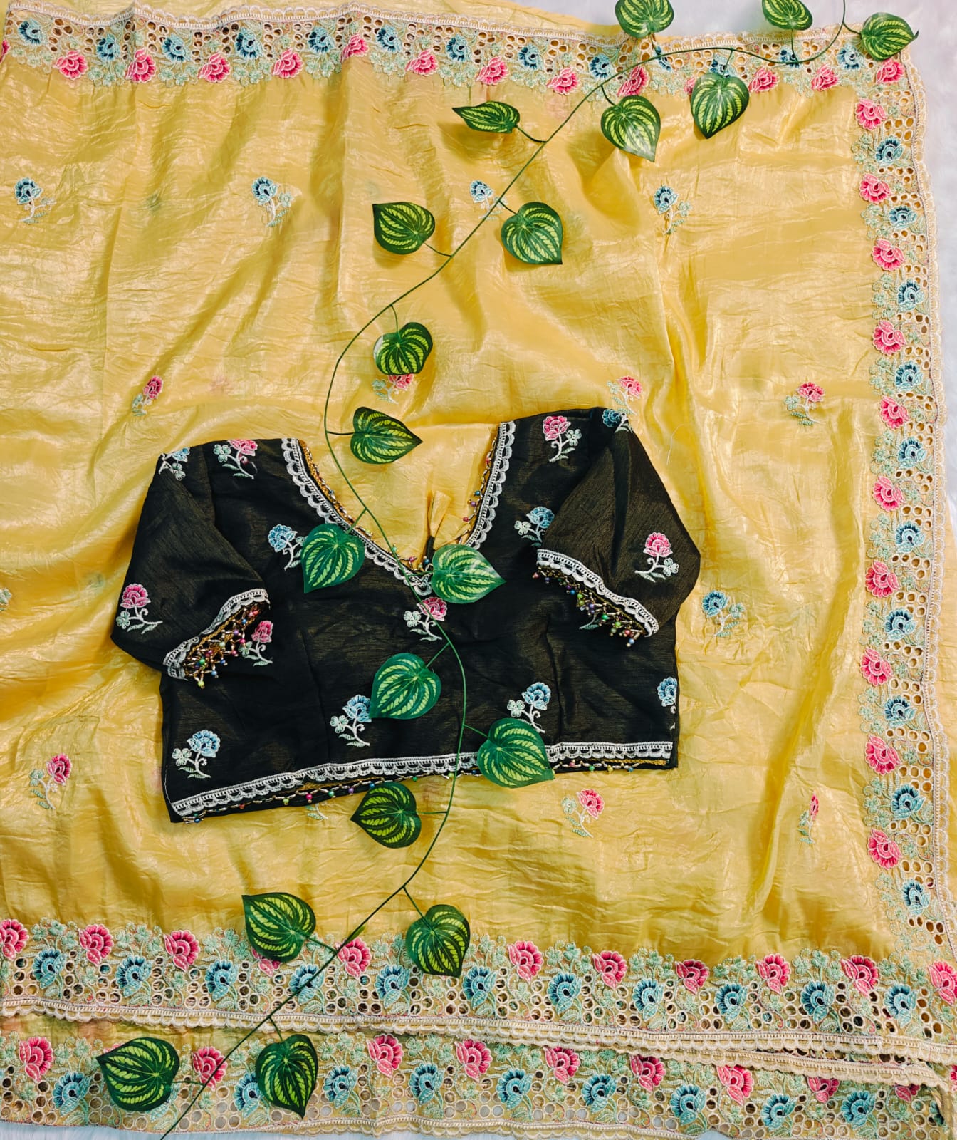 Premium Designer Soft Gold Crush Silk Saree | Multicolor Embroidery Cutwork Border with Stitched Blouse