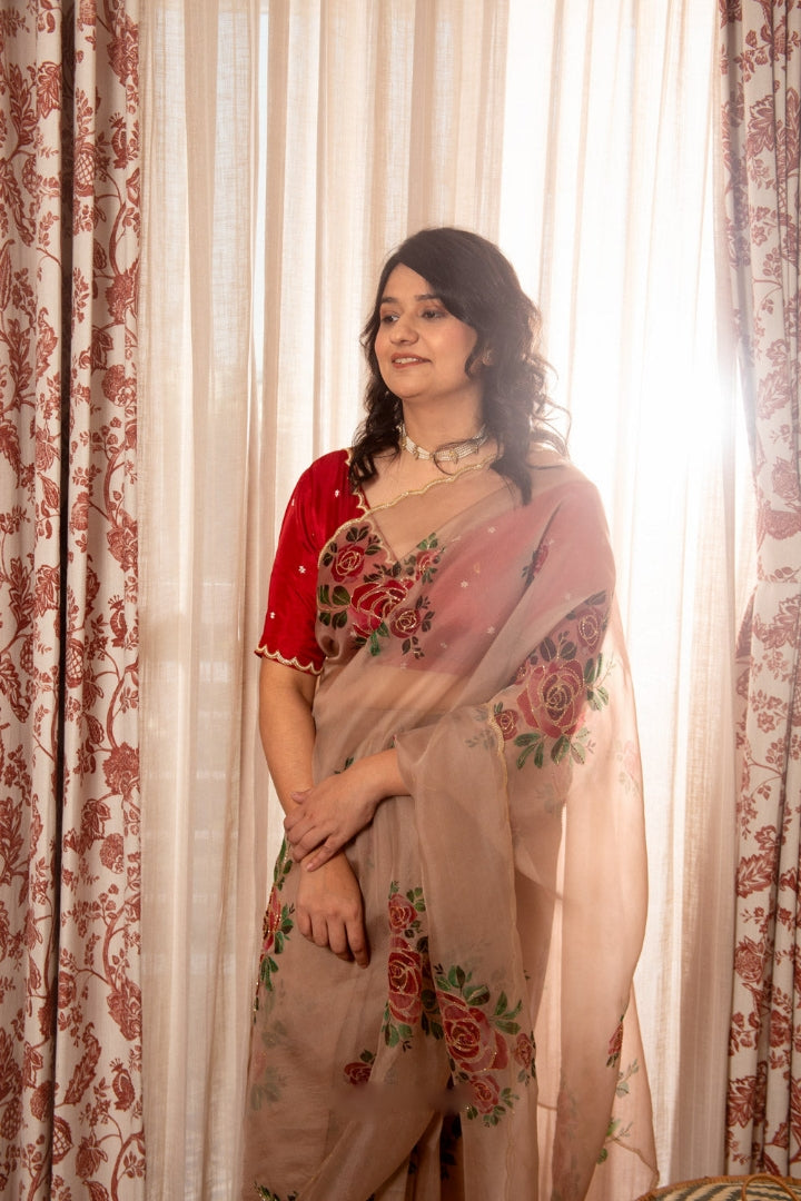 CLOVIRA Ready-to-Wear Tabby Organza Saree with Printed & Handwork Border | Luxurious Designer Collection