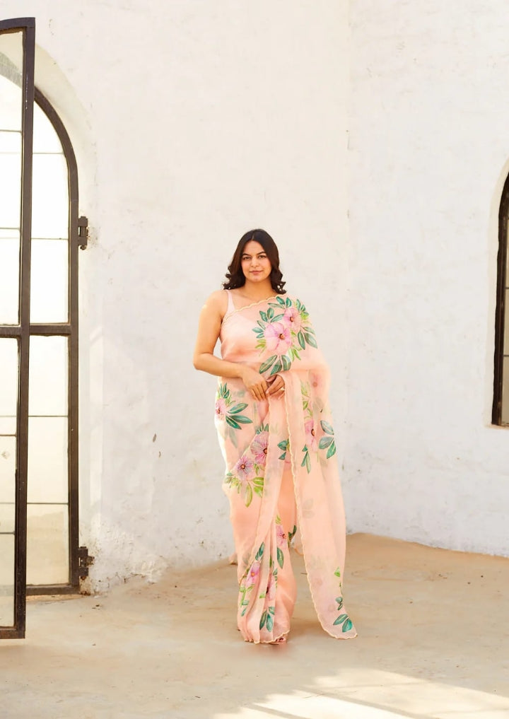 Exquisite 1-Minute Ready-To-Wear Organza Silk Saree | Printed Design with Border Work & Blouse Piece